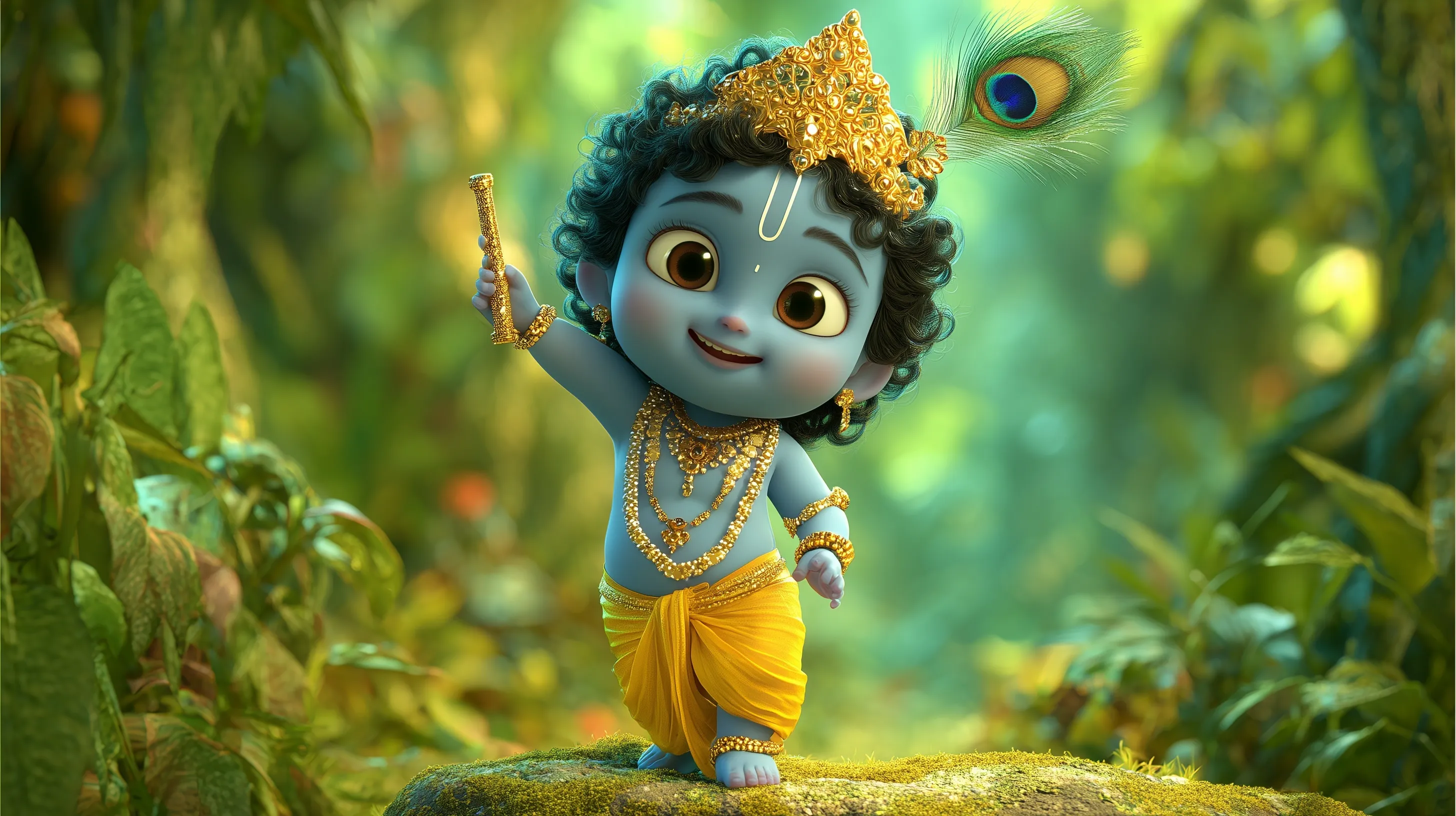 3D animated baby Krishna with peacock feather flute, wearing yellow dhoti and gold jewelry in a lush meadow.