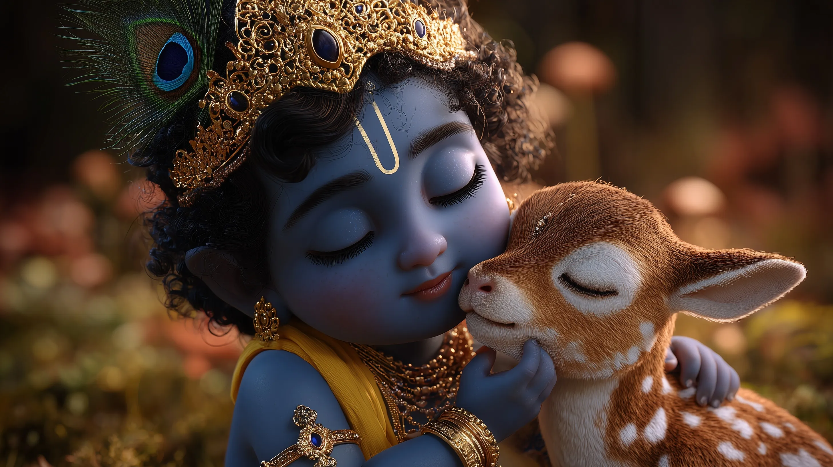 A 3D animated baby Krishna with blue skin and a peacock feather crown tenderly cuddling a small calf in a meadow.