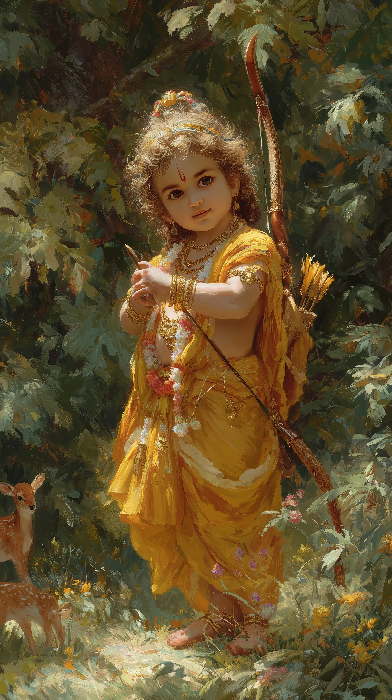 Adorable young Lord Rama as a prince in a sun-drenched forest, holding a bow with a divine golden aura.
