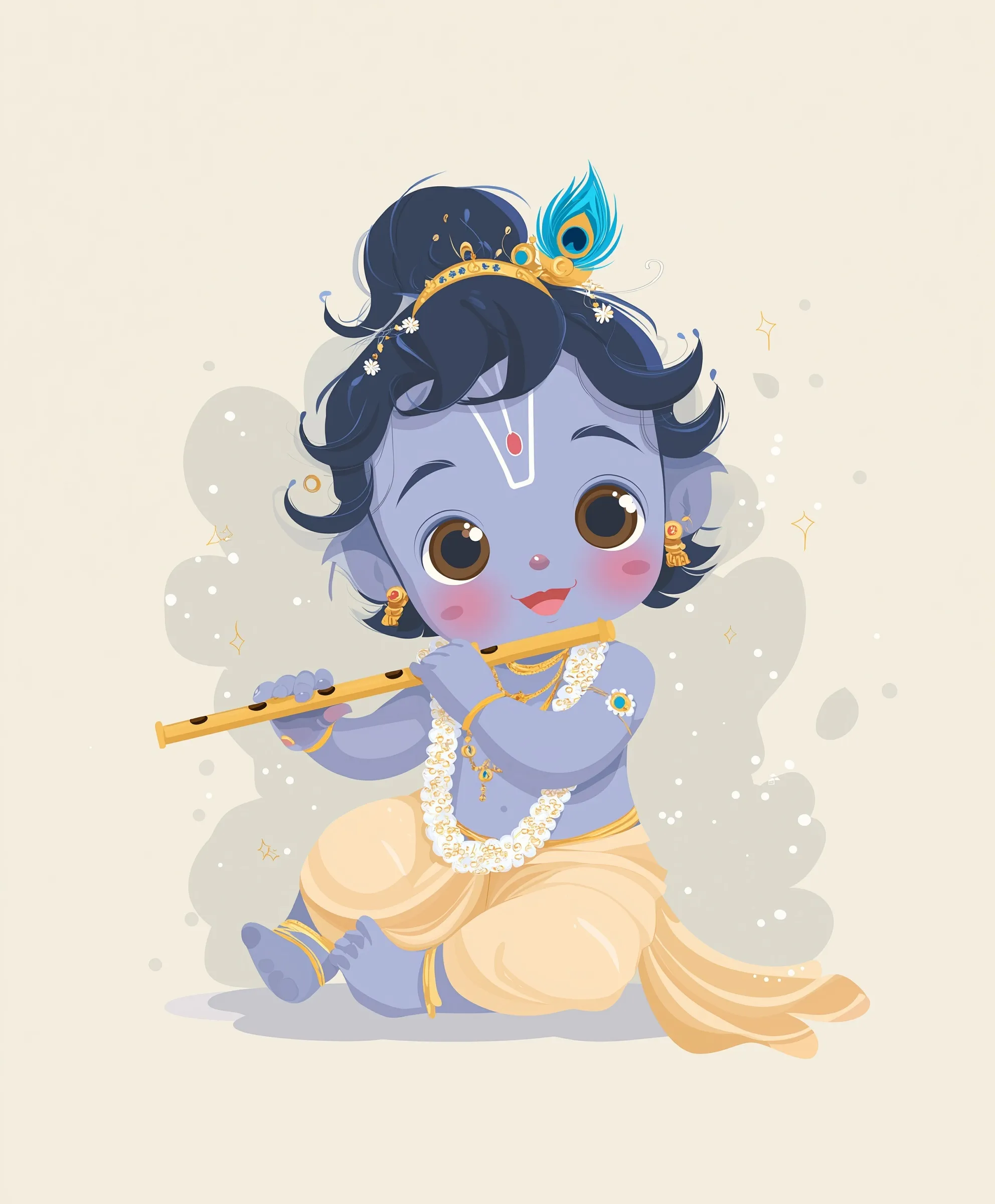 A cute chibi Baby Krishna illustration with a flute, featuring big eyes and a smile in a soft pastel vector style.