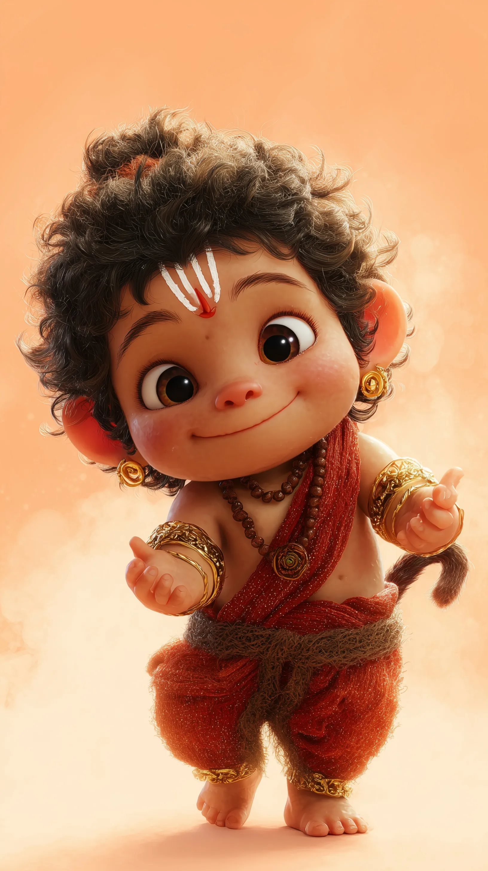 3D Pixar-style baby Lord Hanuman smiling with a heroic pose, wearing golden ornaments against a saffron background.