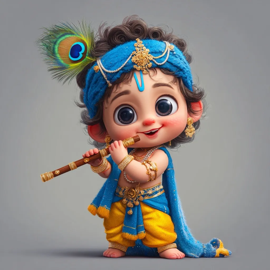 A cute 3D cartoon illustration of Baby Krishna with a flute, peacock feather, and traditional Indian attire.