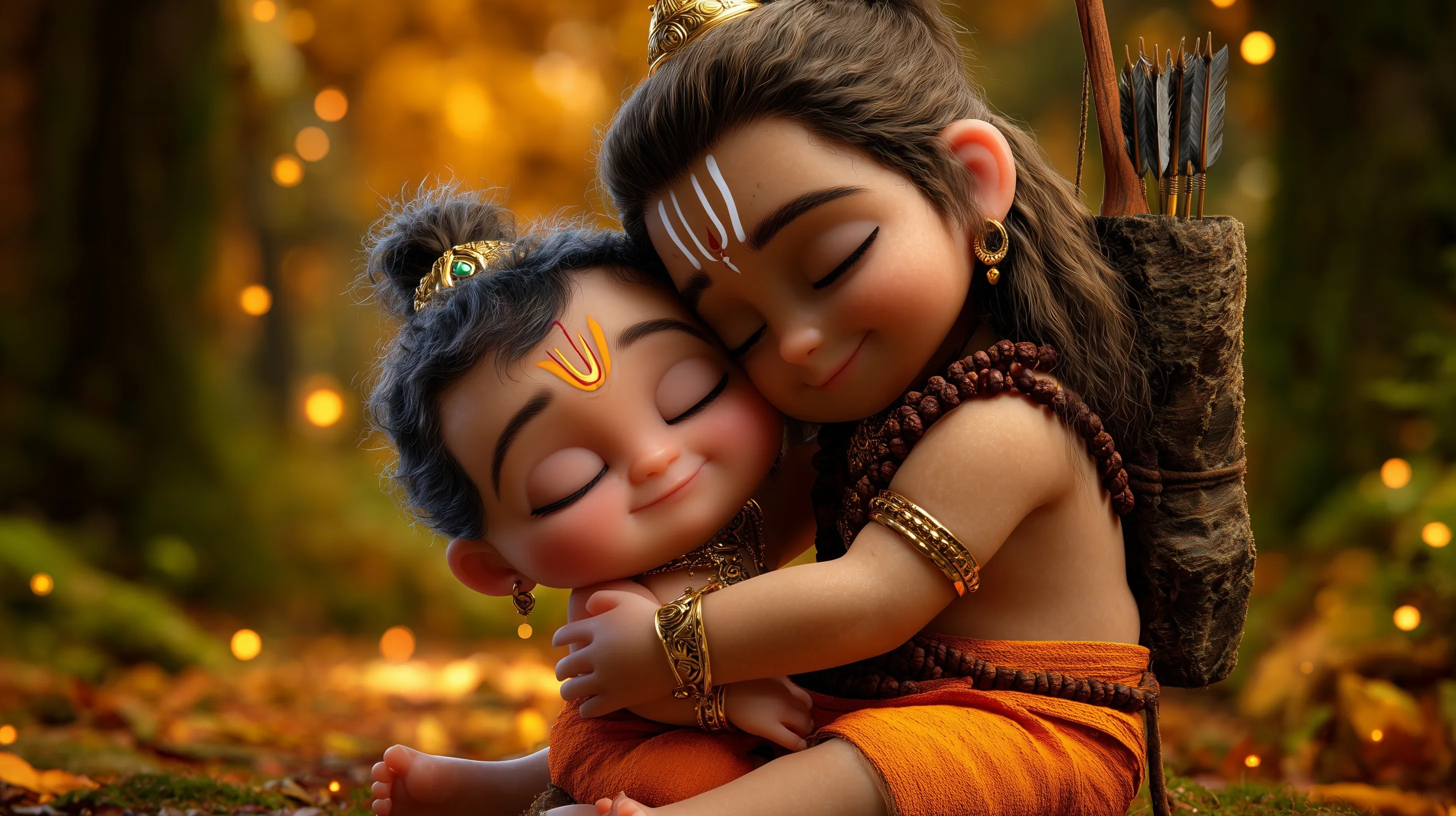 Pixar-style 3D illustration of a baby Indian God in a golden forest, held lovingly by a forest prince.