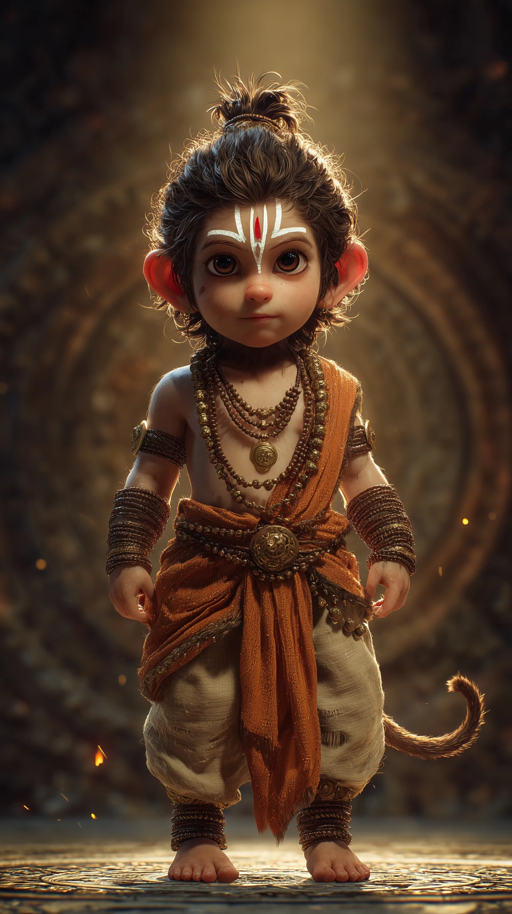 Hyper-realistic cinematic portrait of baby Bal Hanuman with a glowing divine halo in a sacred temple background.