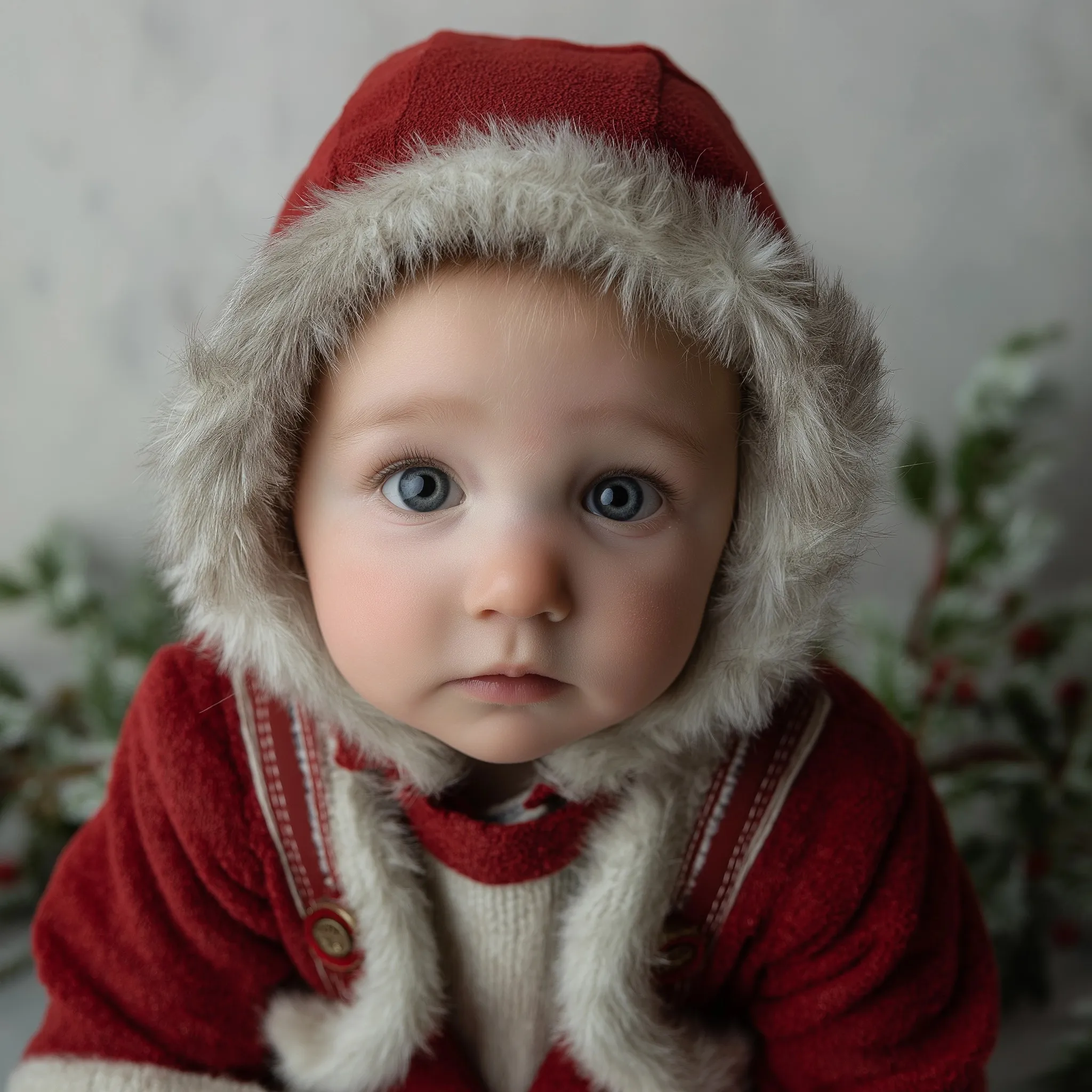 A professional studio photograph of a cute baby dressed in a festive Santa Claus outfit for Christmas.
