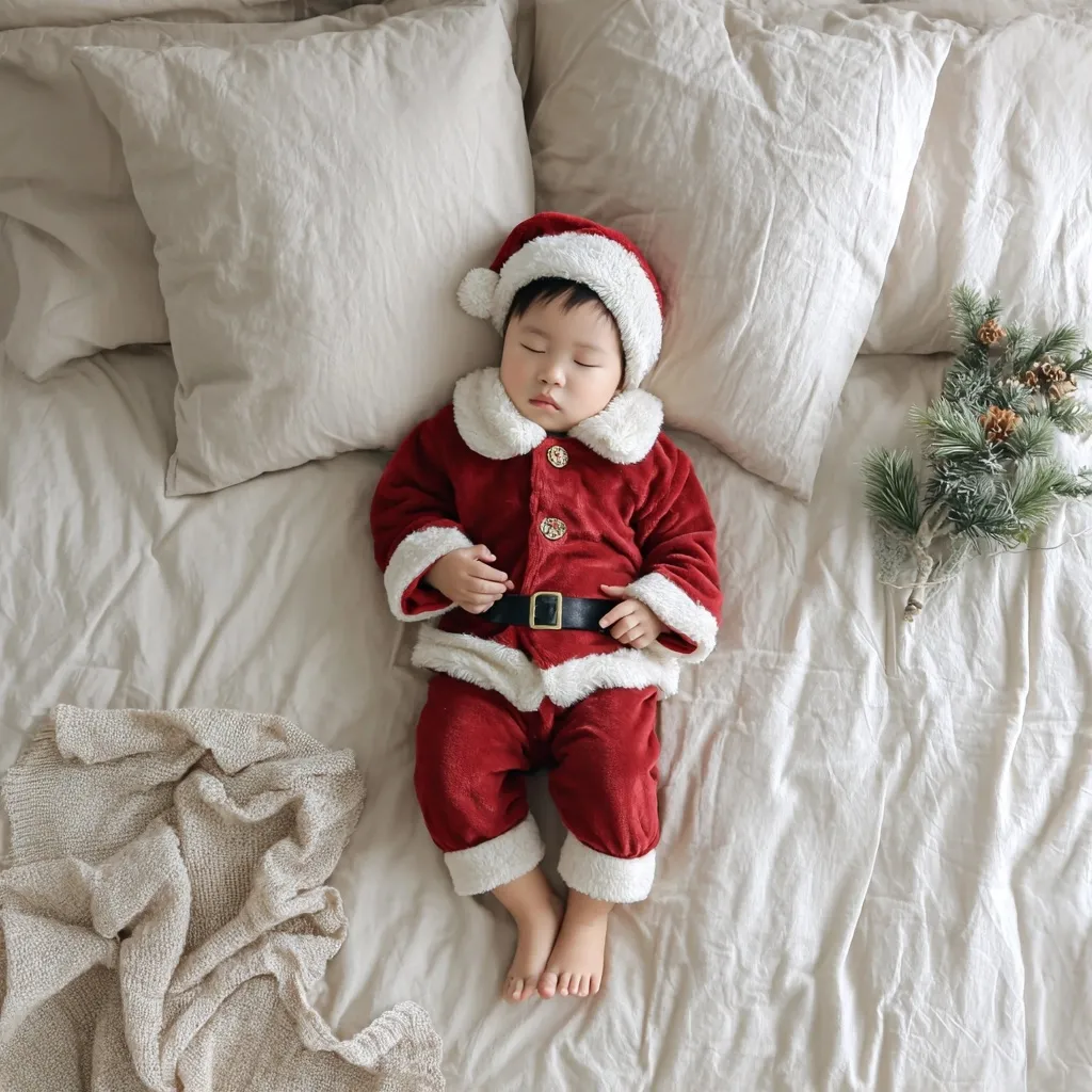 A 1-year-old Japanese baby boy in a Santa costume lying on a bed in a minimalist home setting, top-down view.