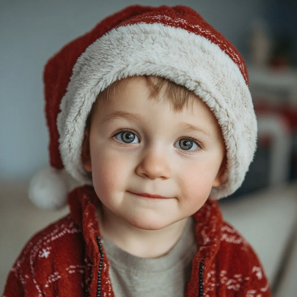 A smiling baby wearing a festive Santa hat and Christmas dress-up clothing looking at the camera.