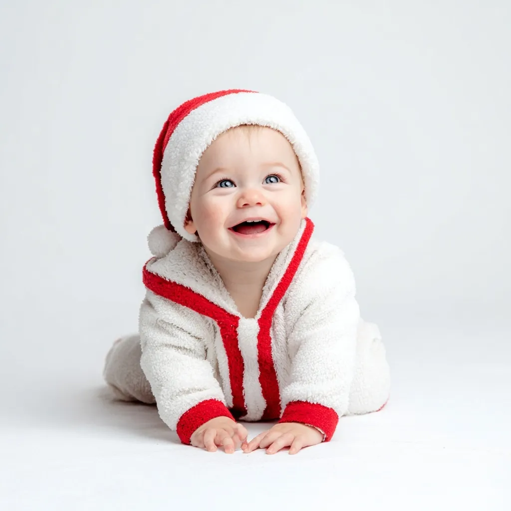 A cute baby dressed in a Santa Claus outfit celebrating Christmas on a clean white background.