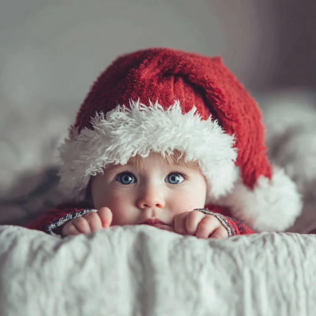 A cute baby wearing a festive Santa Claus hat lying comfortably on a bed during Christmas time.