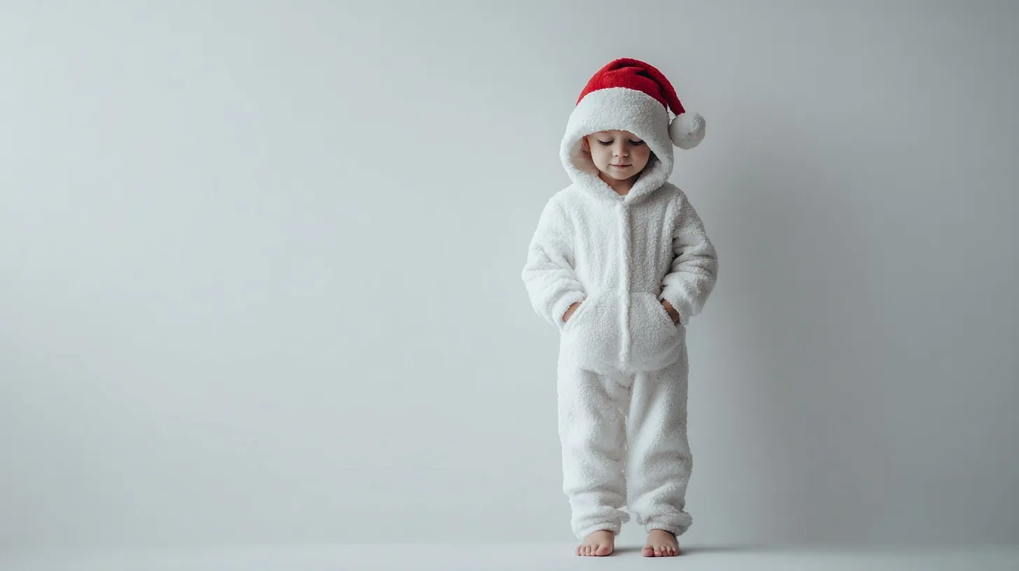 Photorealistic baby Santa dress up mockup on a clean white studio background with soft lighting.