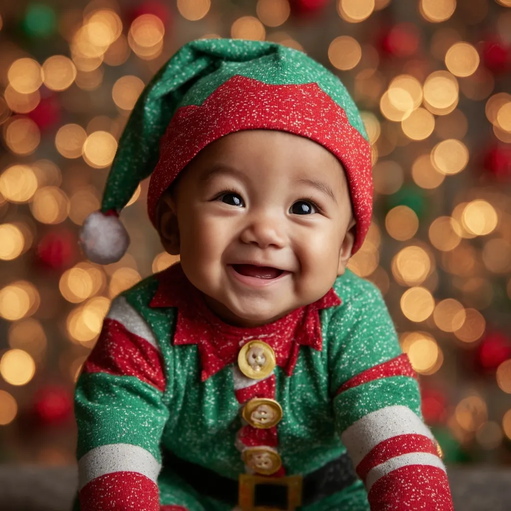 A smiling mixed-race baby wearing a festive Santa outfit against a blurred Christmas background.