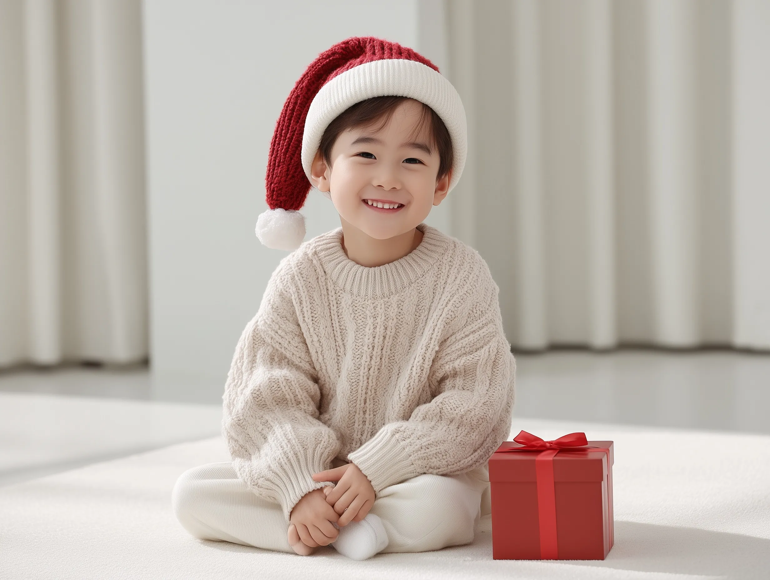 A smiling baby wearing a pink knit sweater and Santa hat with a small gift box against a white studio background.