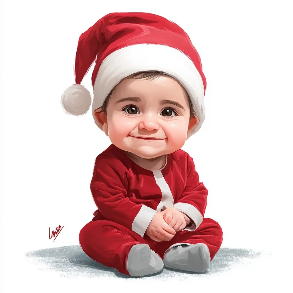 A cute 3D cartoon baby dressed in a Santa Claus outfit, featuring a modern digital caricature style with glossy skin.