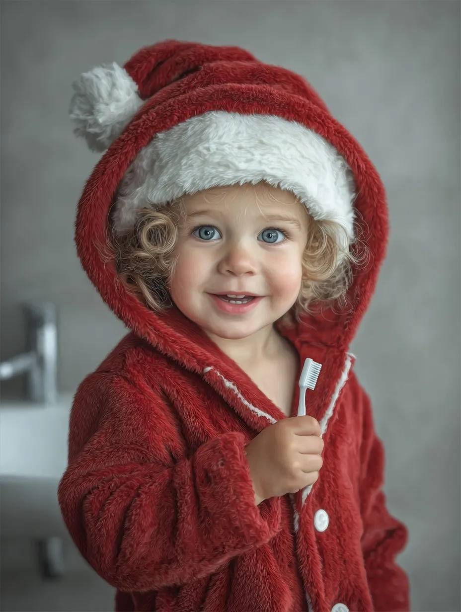 A cute 4-year-old boy in a Santa hat and red pajamas holding a toothbrush in a modern bathroom.