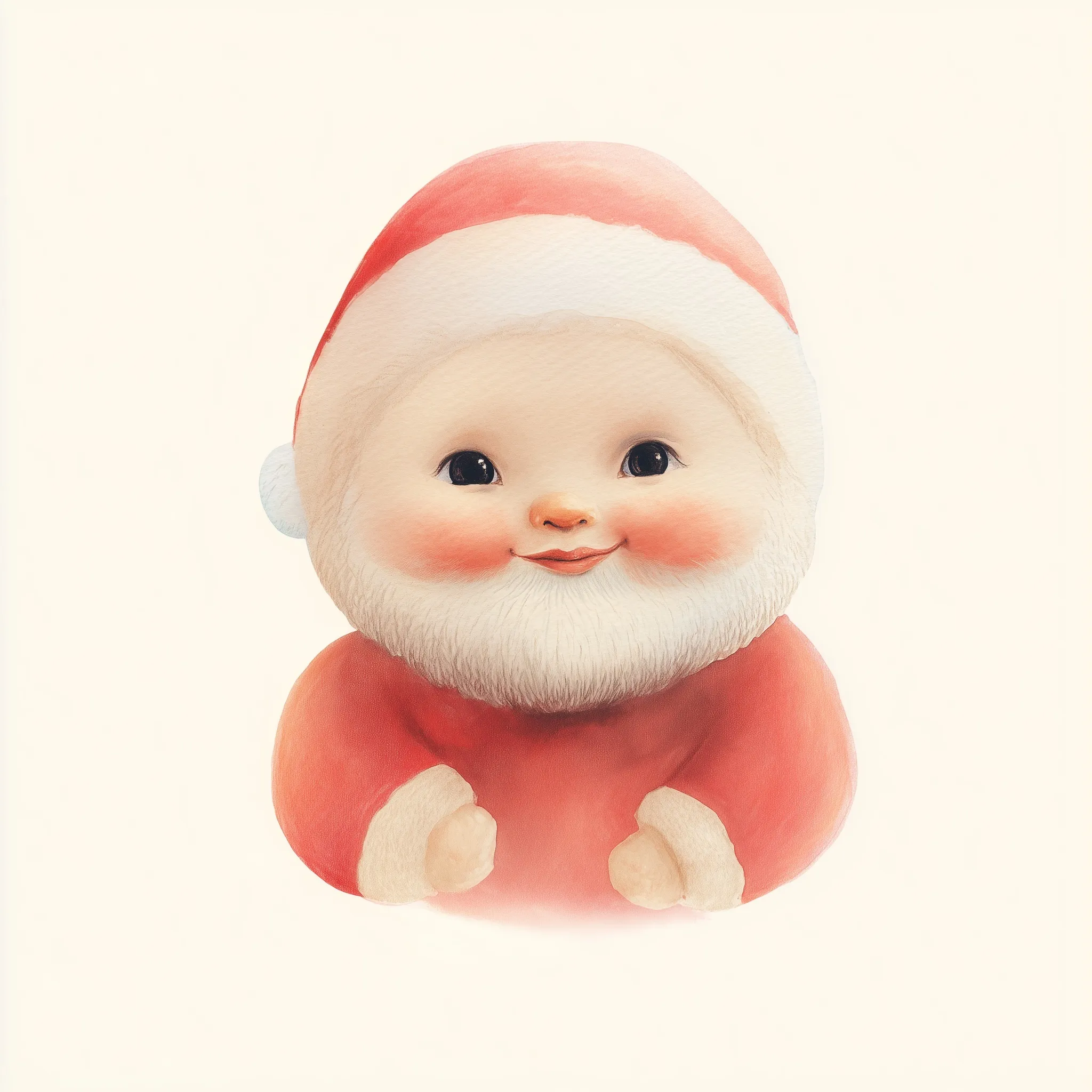 A cute baby dressed in a Santa Claus suit with a tiny beard and Santa hat, painted in a soft watercolor style.