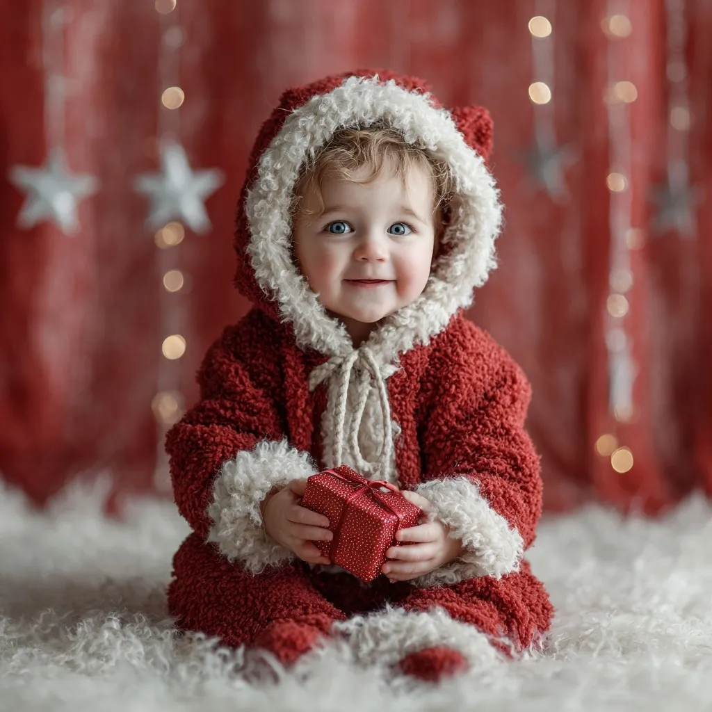 A smiling one-year-old baby in a Santa Claus costume holding a gift on white fur with festive Christmas decor.