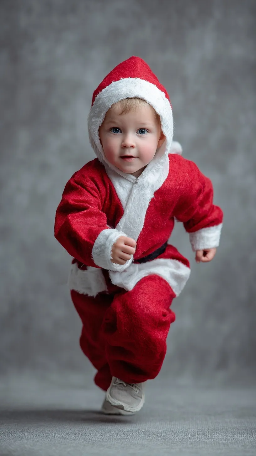 A 5-year-old child wearing a Santa Claus costume running towards the camera against a grey background.