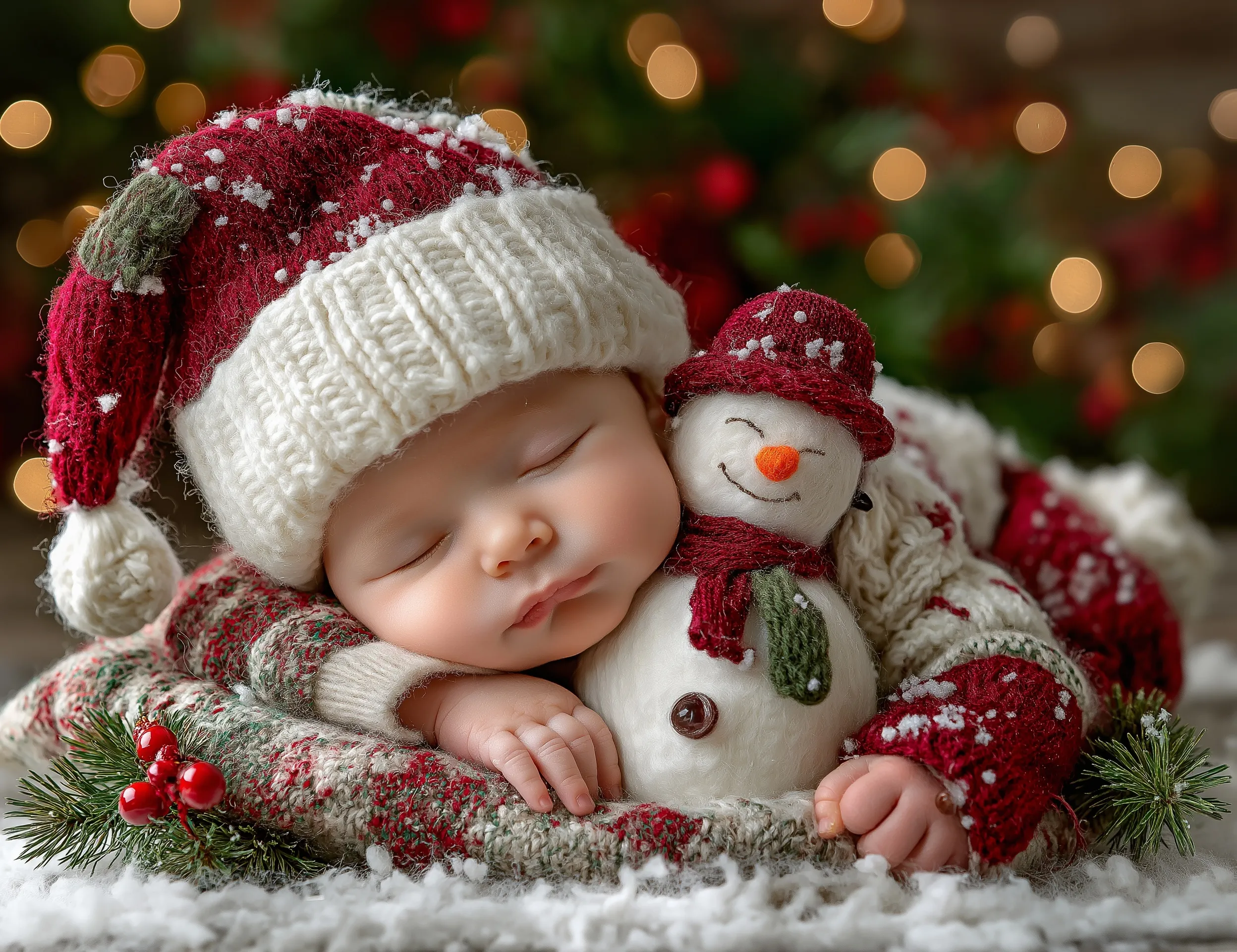 A newborn baby dressed in a cozy snowman outfit with festive Christmas tree decorations and soft bokeh lighting.
