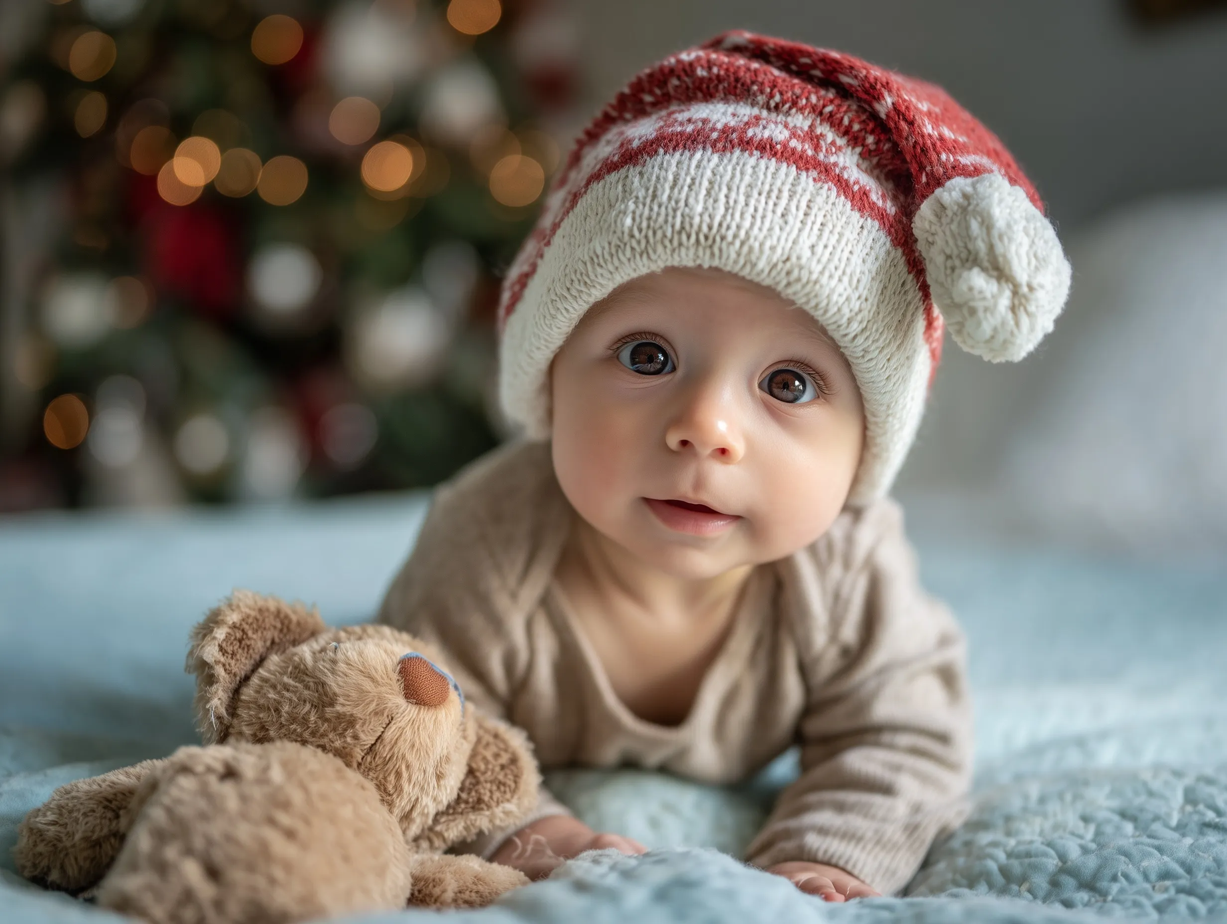 A fair-skinned baby wearing a Santa hat and cozy romper sitting on a blue blanket with a blurred Christmas tree.