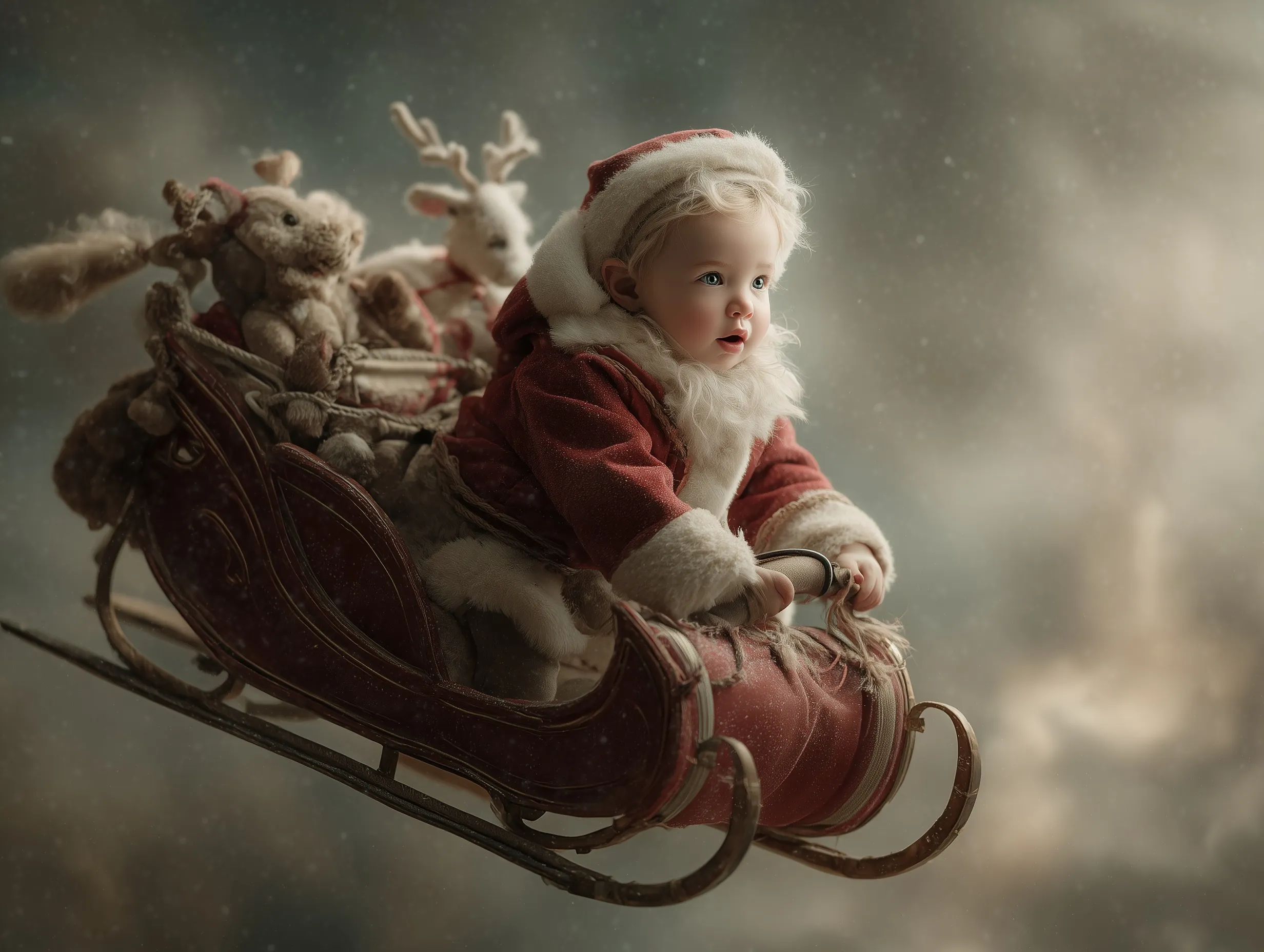 A 2-year-old baby in a Santa costume flying a Christmas sleigh with reindeer in the night sky.