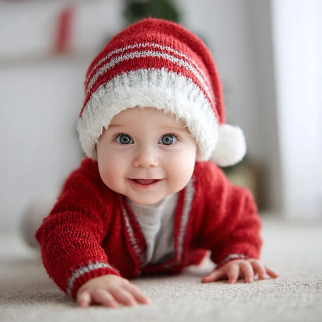 A happy two-year-old baby wearing a Santa hat crawling and waving during Christmas.