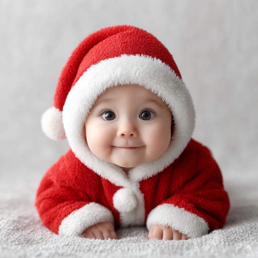 A cute baby wearing a Santa costume lying on soft fabric, captured in high-key lighting with negative space.