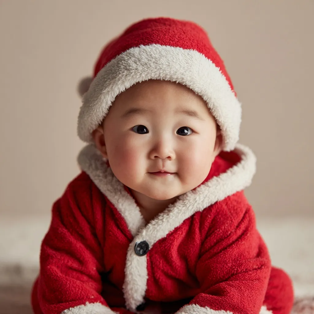 Adorable Asian baby in a soft Santa suit and hat smiling, studio portrait with warm lighting.