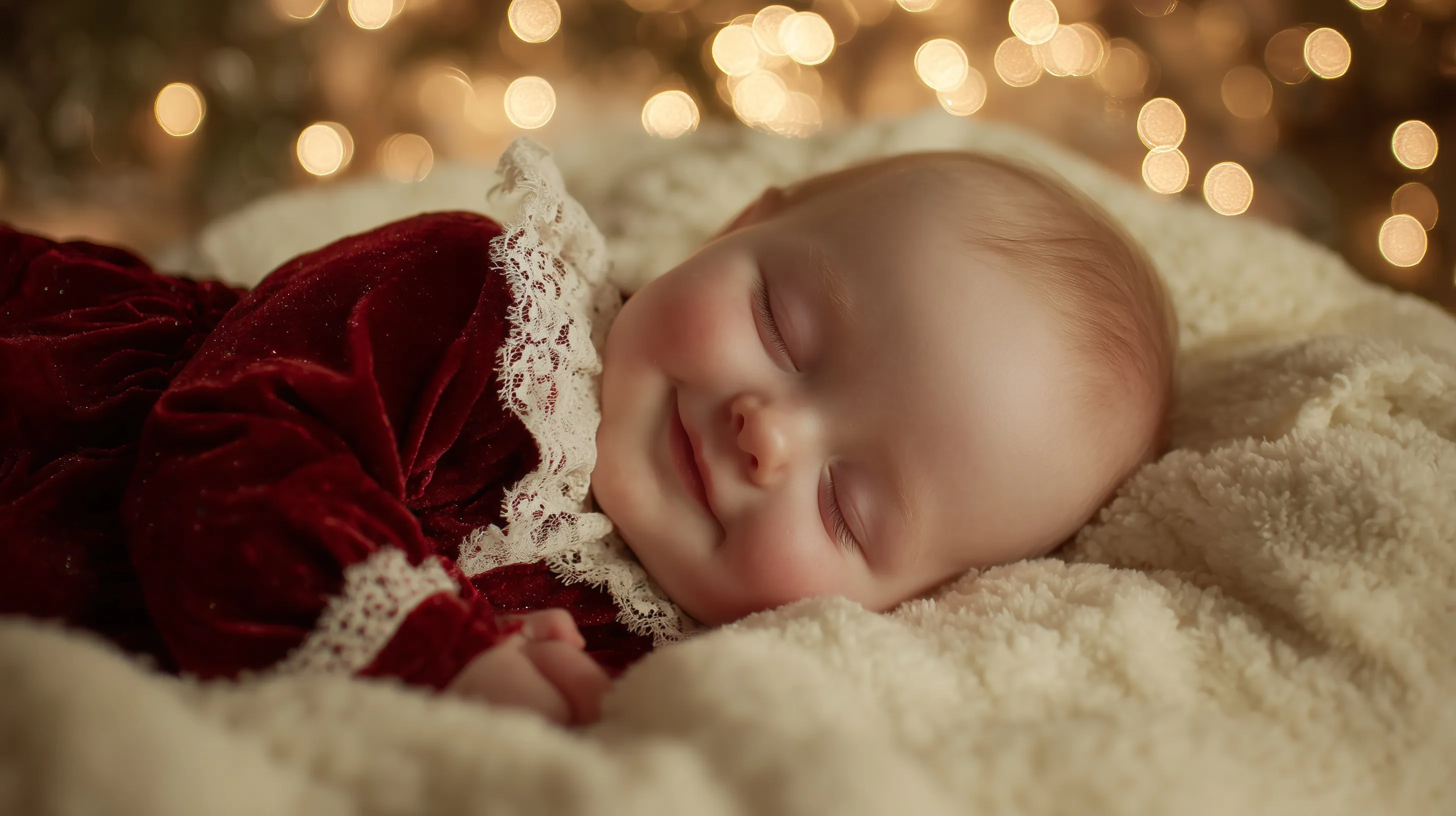 A cute baby in a red velvet Christmas dress sleeping on a plush blanket with soft bokeh holiday lights in background.