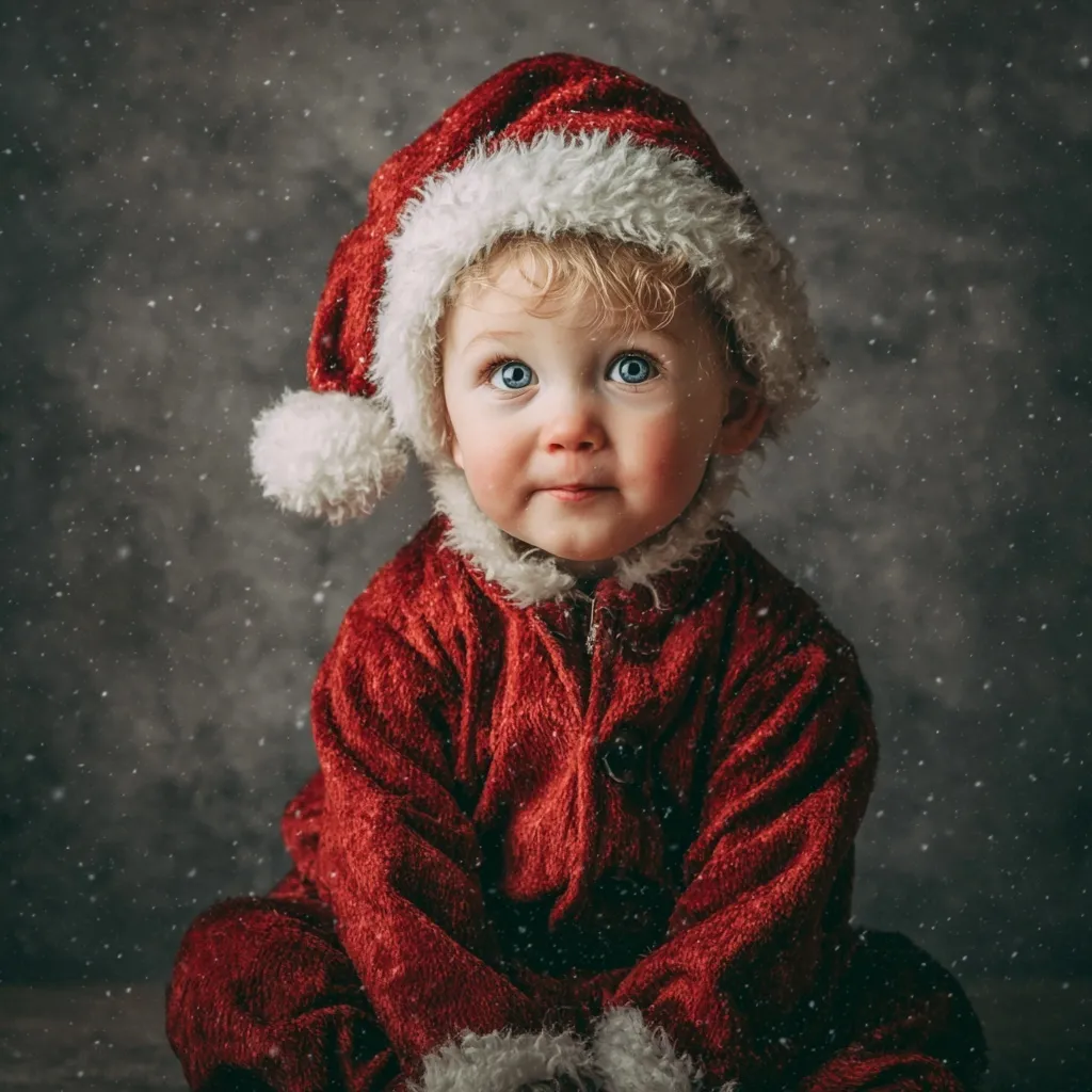 A cute baby dressed in a Santa Claus outfit for a festive Christmas holiday photo shoot.