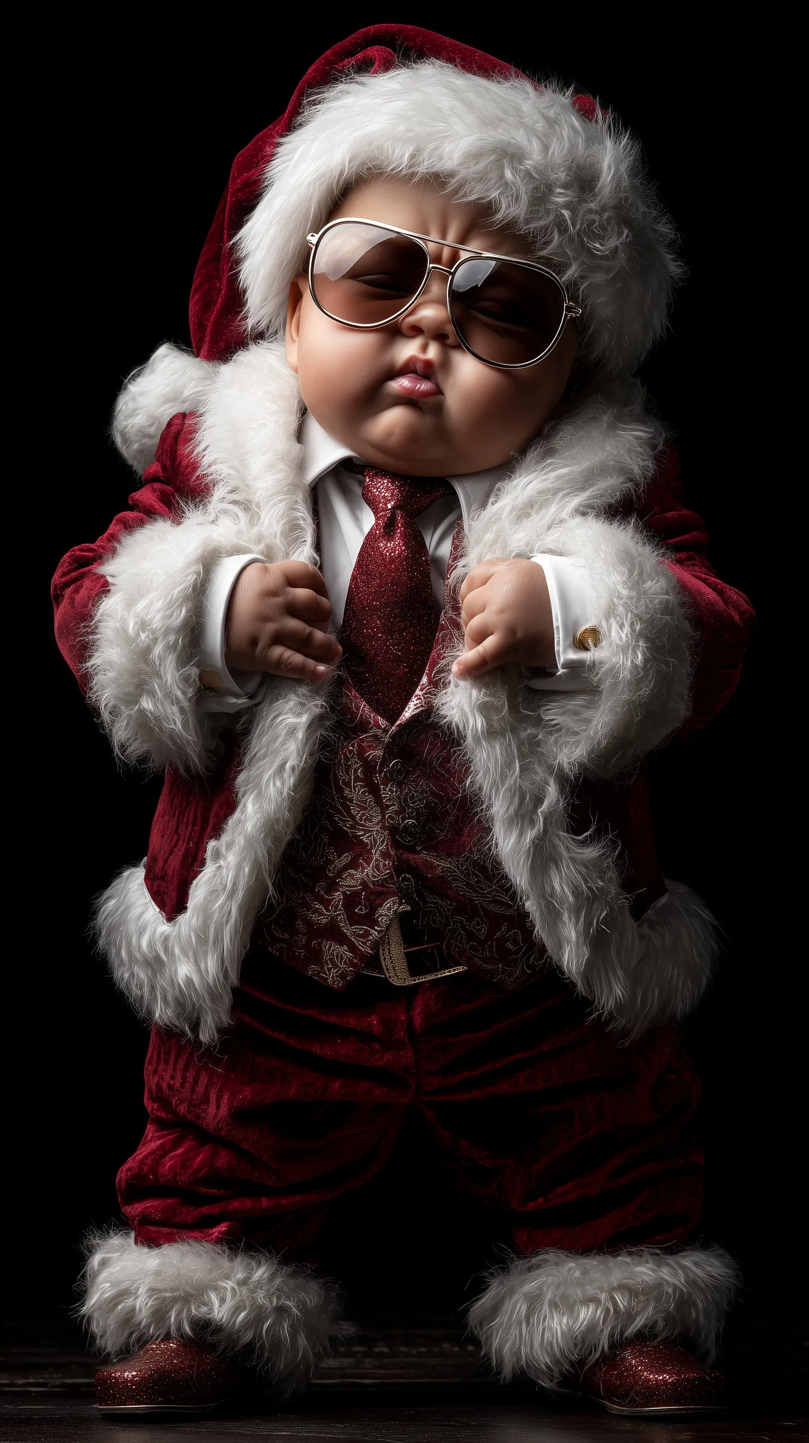 A cute baby dressed as Santa Claus in a humorous, exaggerated boss-style caricature for holiday photography.