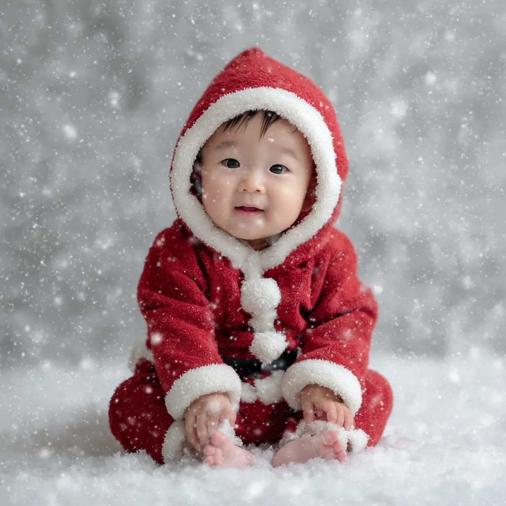 A cute Korean baby wearing a Singapore-inspired Santa costume in a snowy background.
