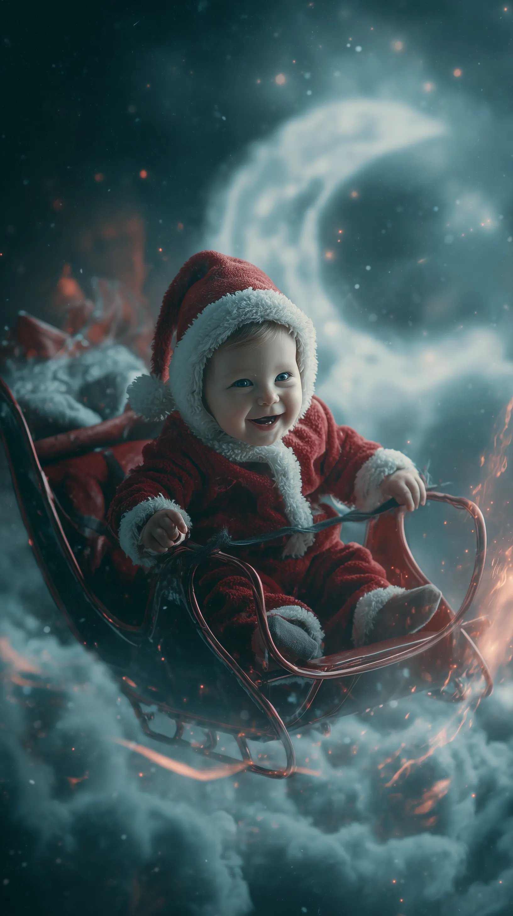 A happy baby in a Santa Claus costume sitting on a flying carriage in a magical, starry sky.