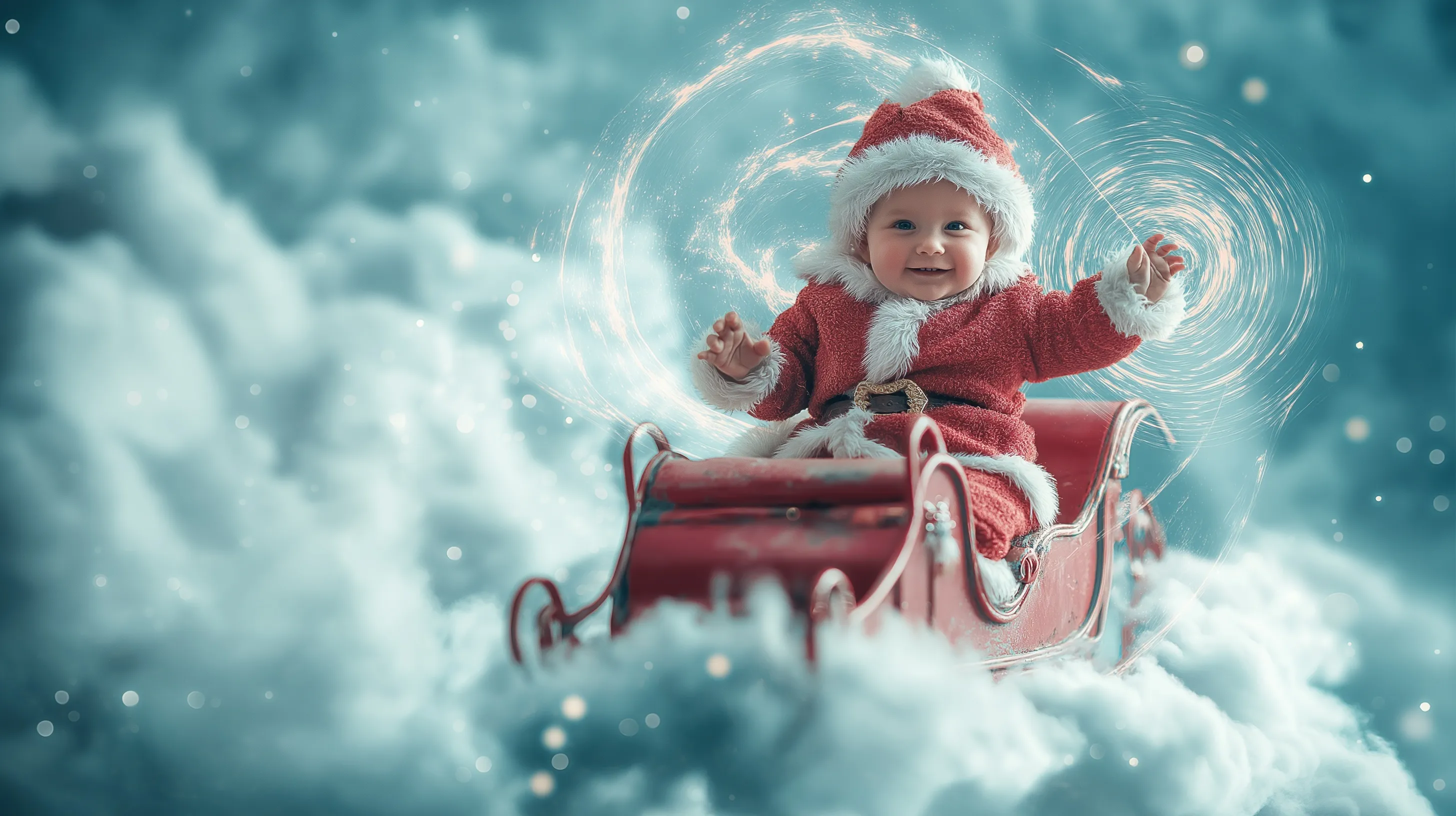 A happy baby in a Santa Claus costume sitting on a flying sleigh in the magical night sky.