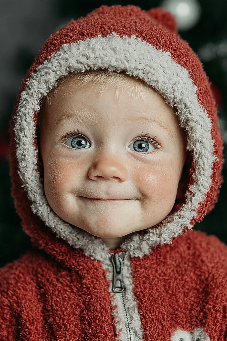 A smiling toddler baby dressed in a Santa suit and hat with a festive Christmas tree in the background.