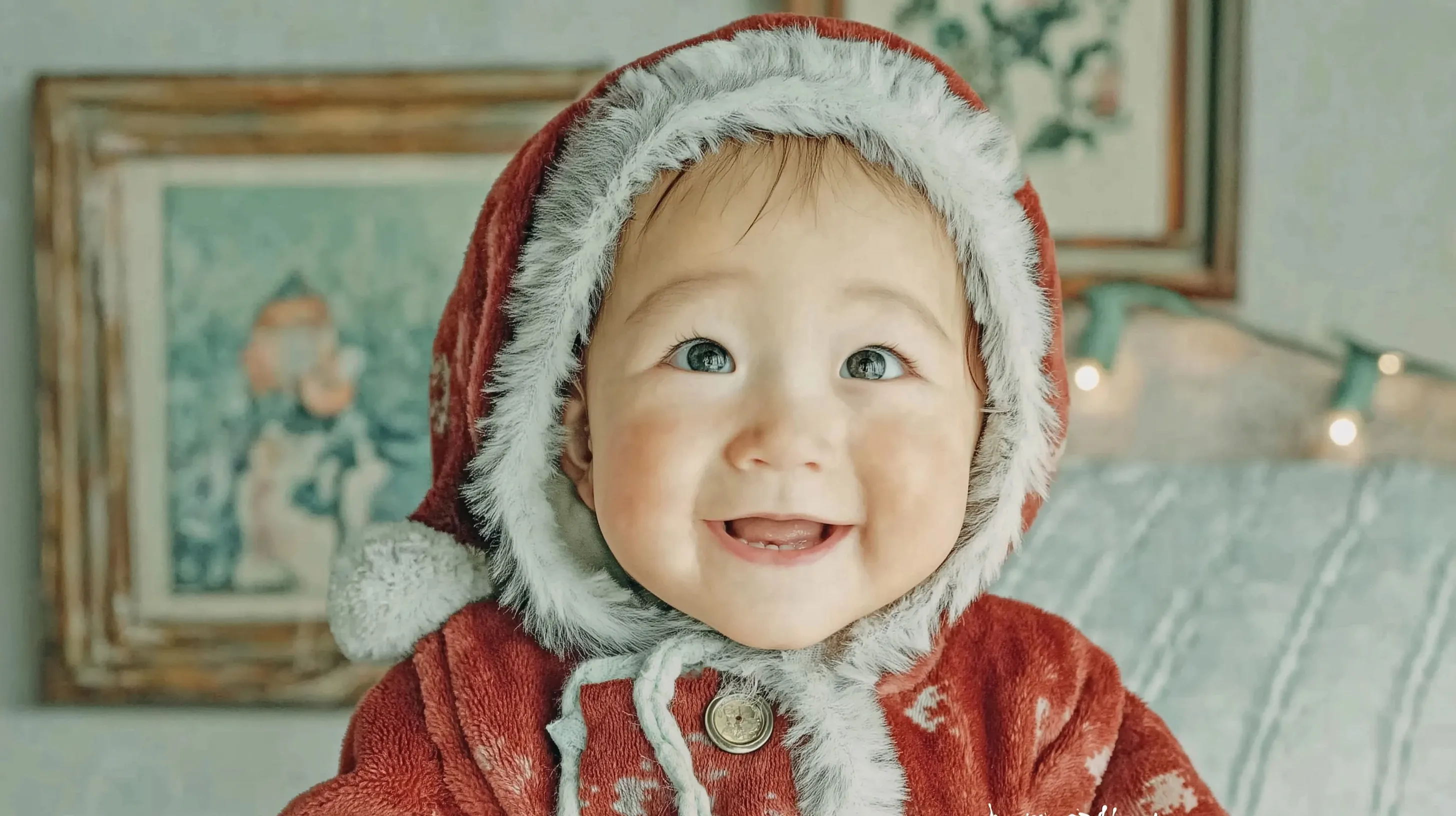 A cute baby wearing a Santa Claus outfit and smiling happily during Christmas.