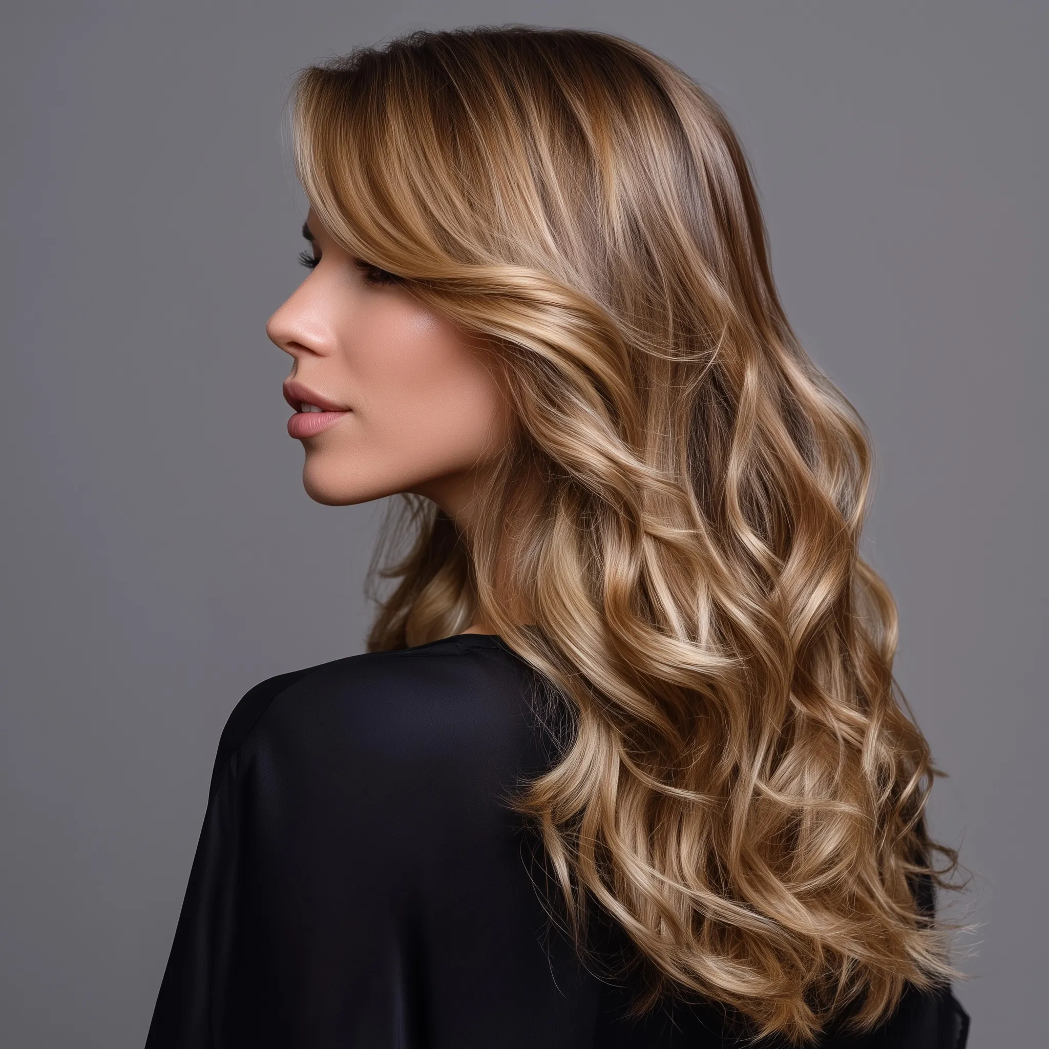 A young European woman with honey blonde balayage hair posing for a professional hair product magazine photoshoot.