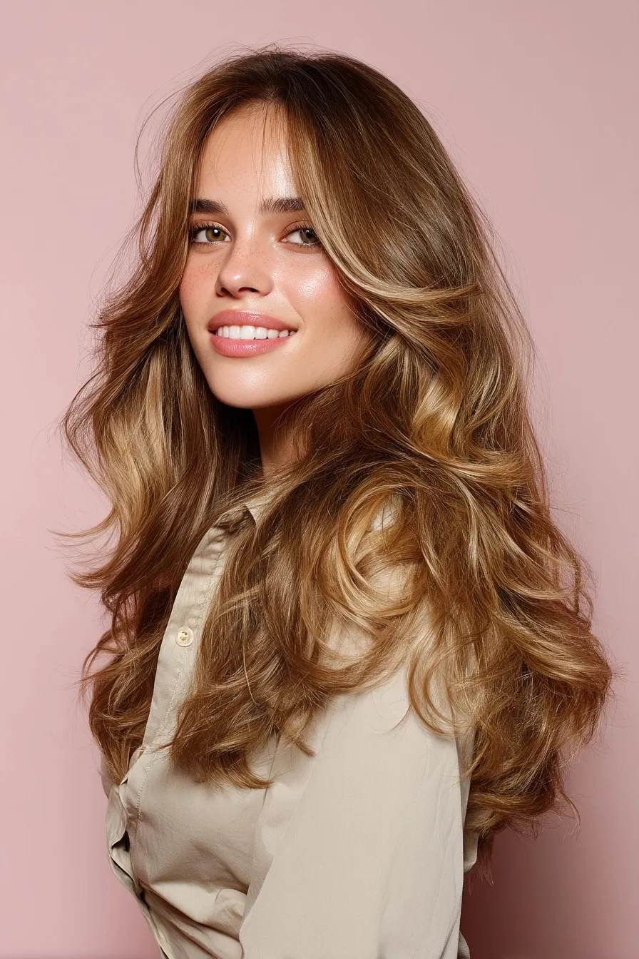 A joyful woman with light brown and blonde balayage loose waves posing against a soft pink studio background.