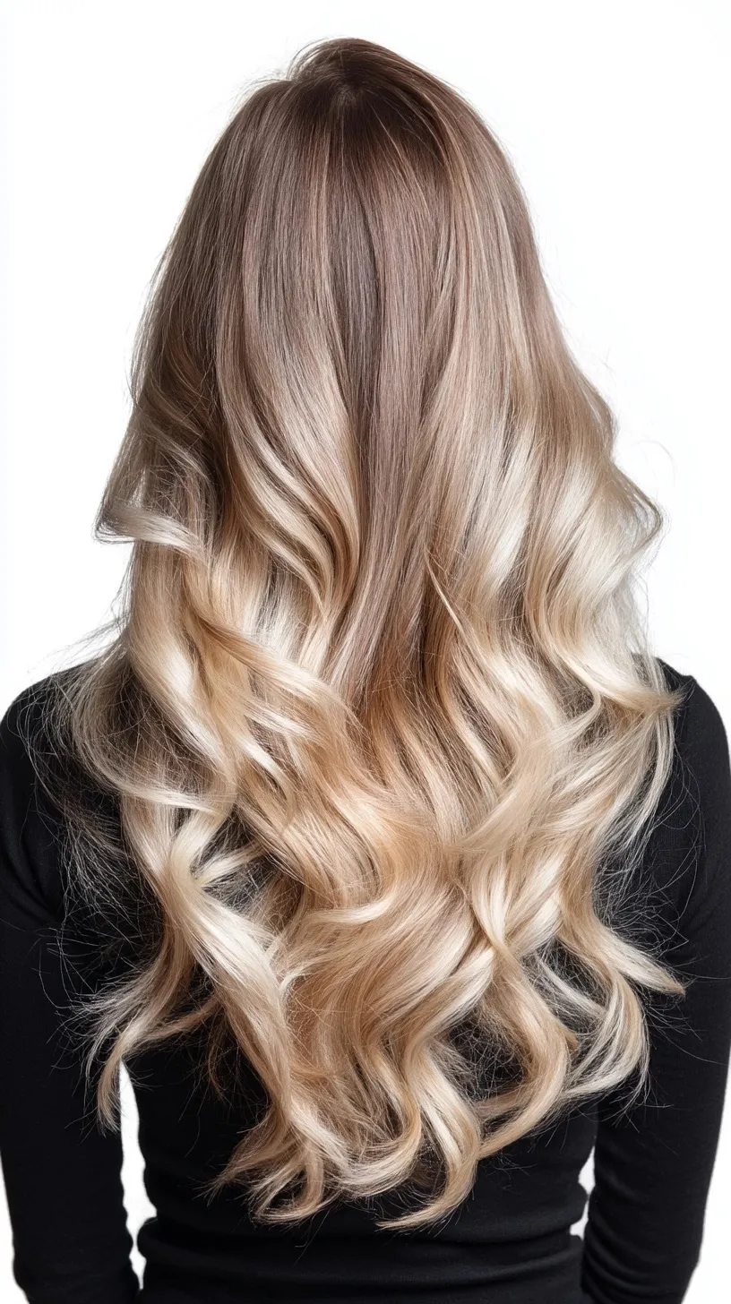 Back view of long wavy hair with blond balayage ombre effect, dark roots, and soft gray tones on white background.