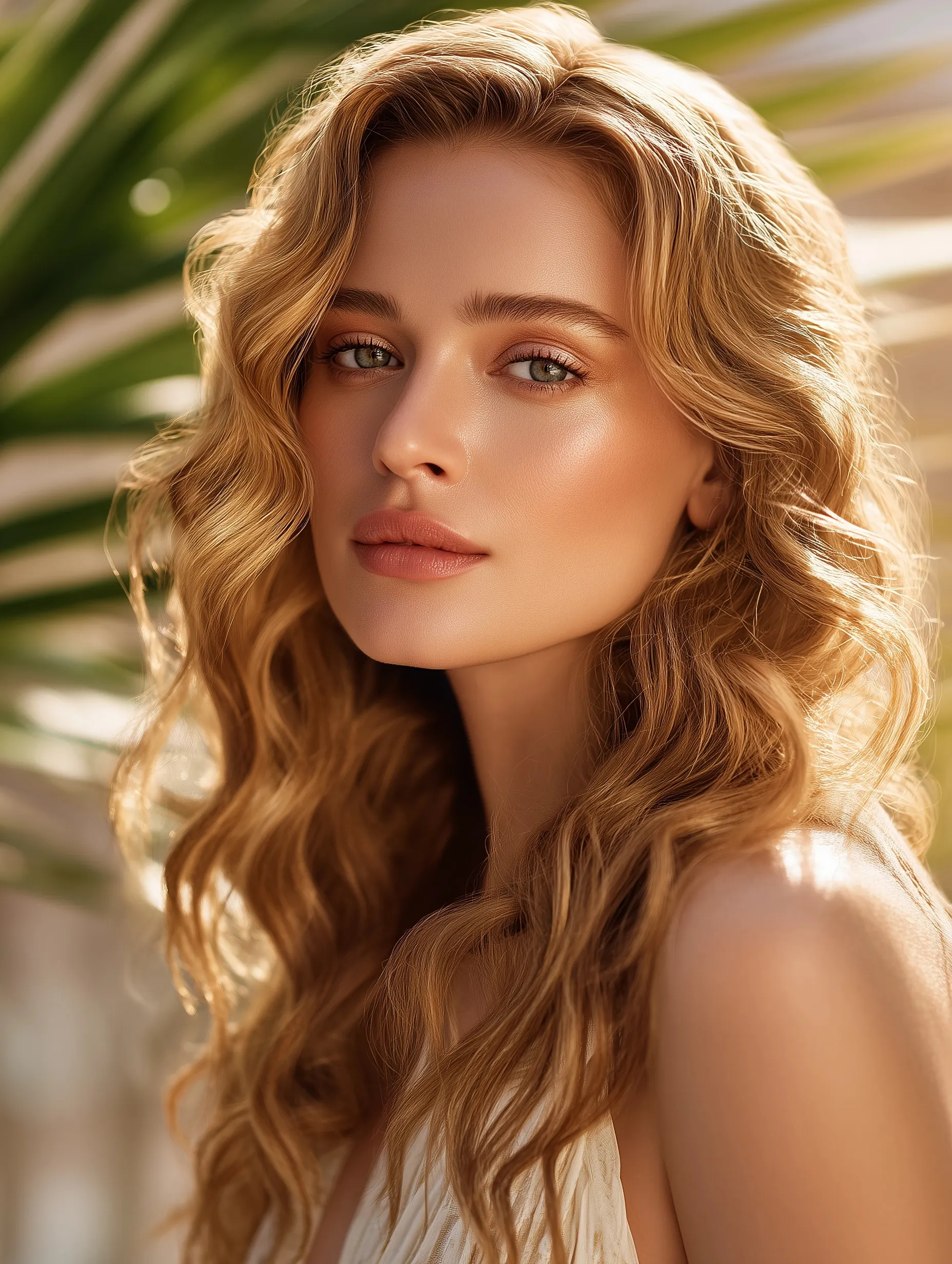 Blonde woman with balayage hair and beach waves, wearing summer makeup in golden sunlight, luxury beauty portrait.