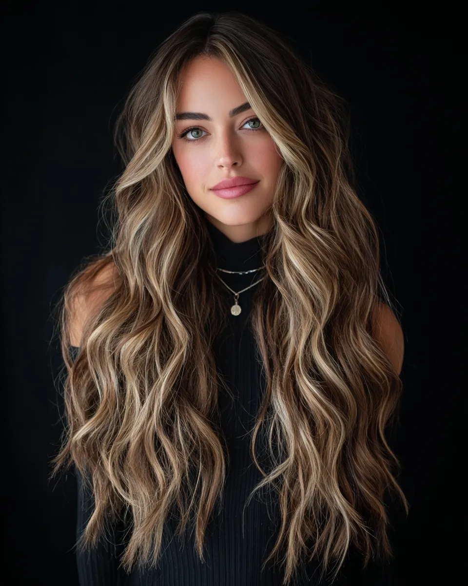 A beautiful woman with long, wavy brown and blonde balayage hair posing against a professional black background.