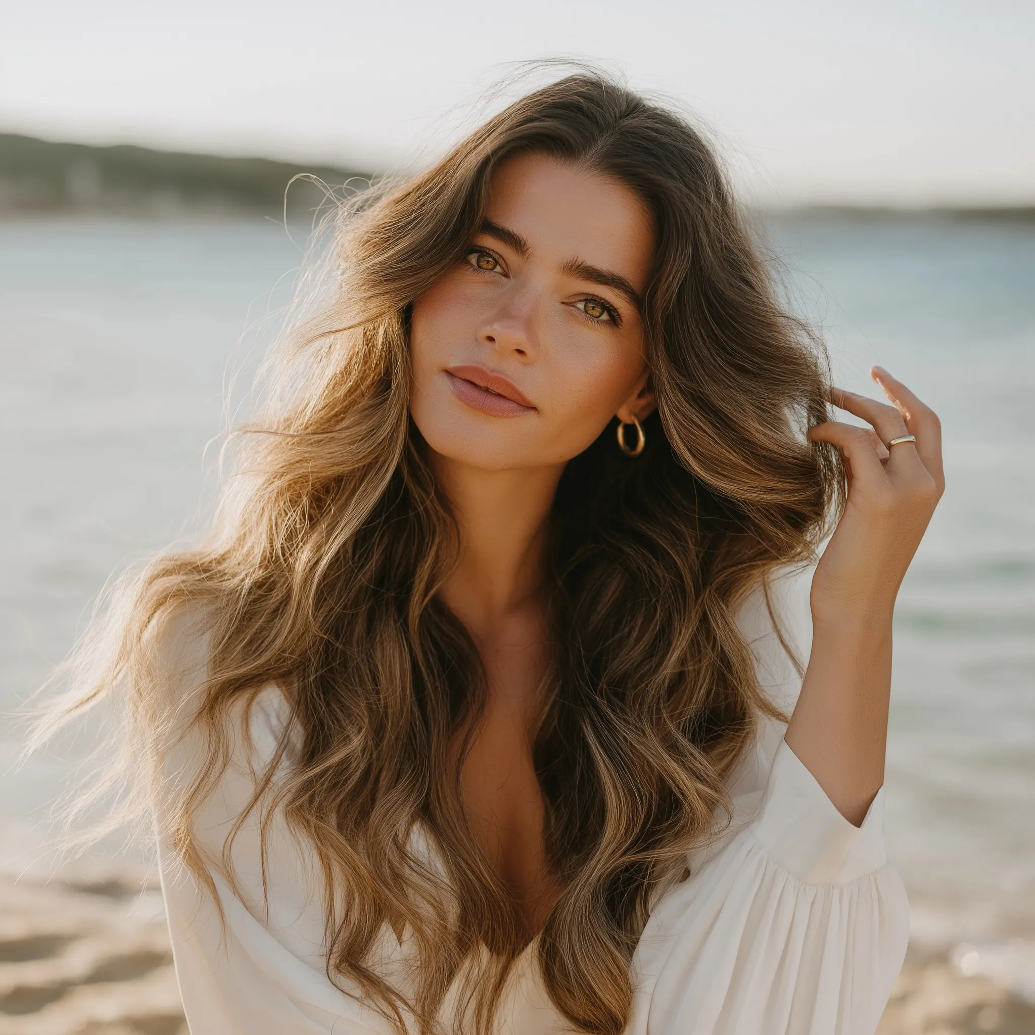 An Arab woman with long brunette balayage hair and highlights posing on a golden sandy beach by the sea.