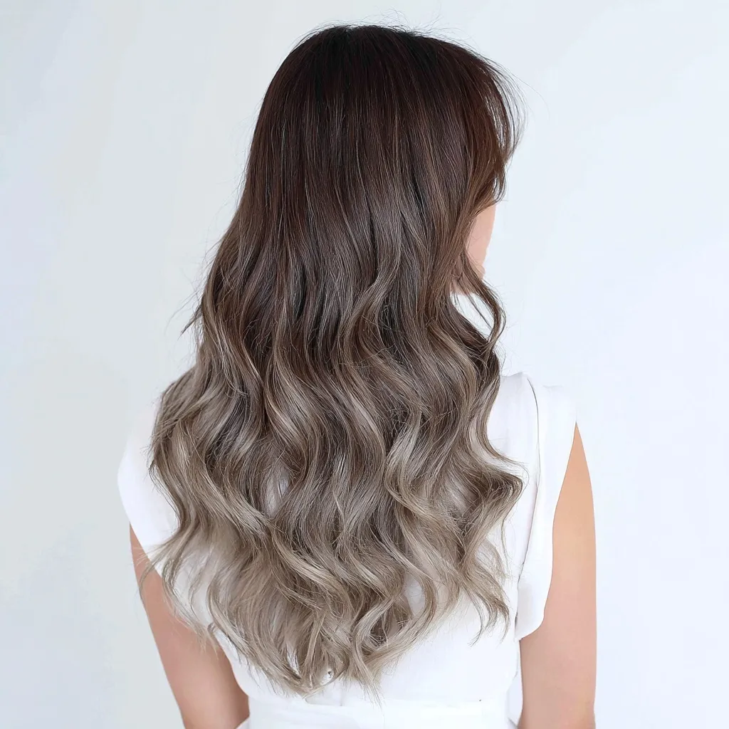 Back view of a woman with long, wavy silver ombre balayage hair against a clean white background.