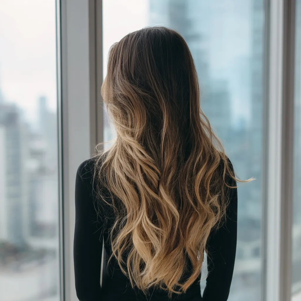 A woman with long wavy black and blonde balayage hair standing by an office window overlooking a city skyline.