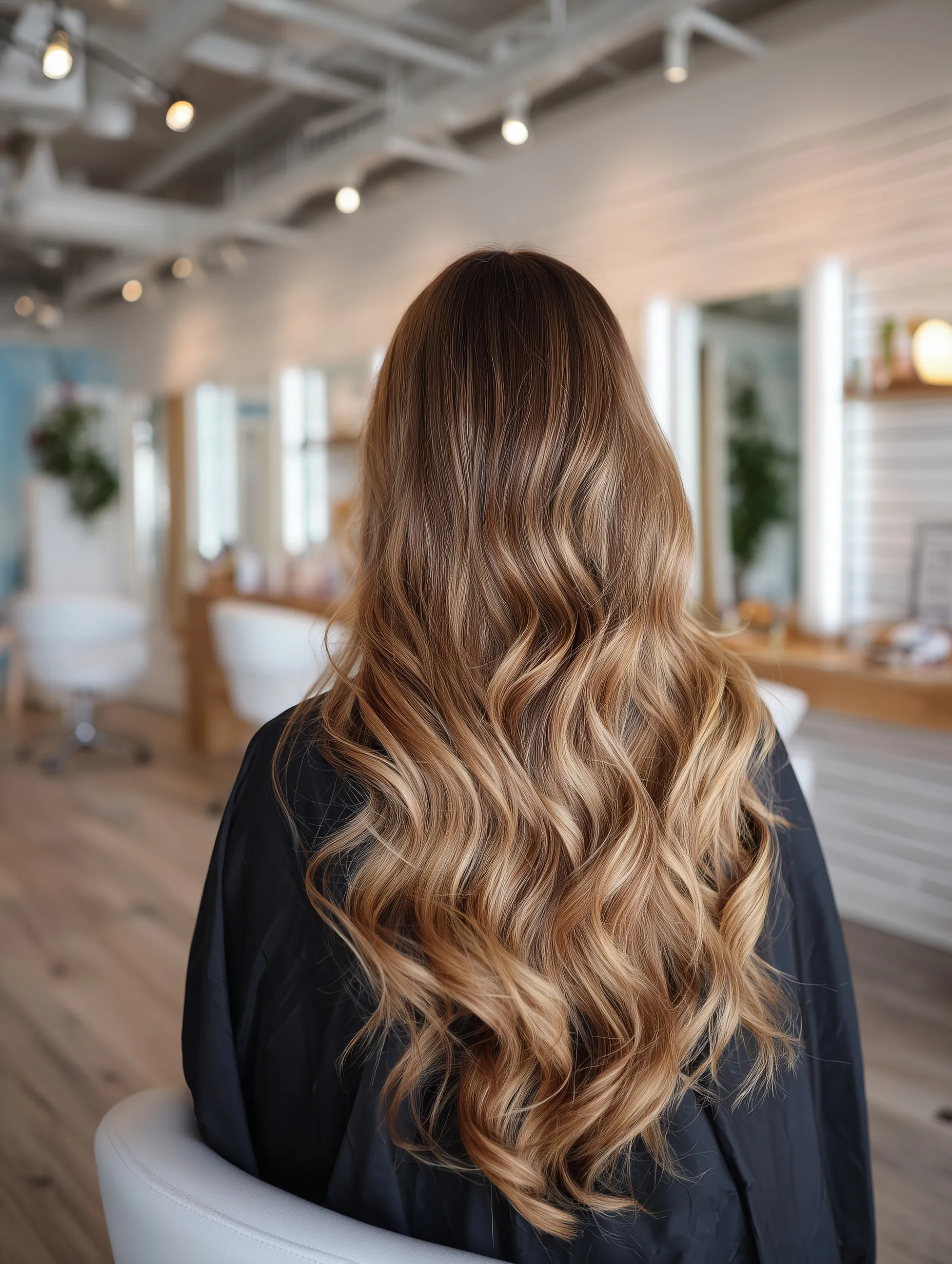 A young woman with long, wavy balayage hair in caramel and blonde tones sitting in a modern luxury hair salon.