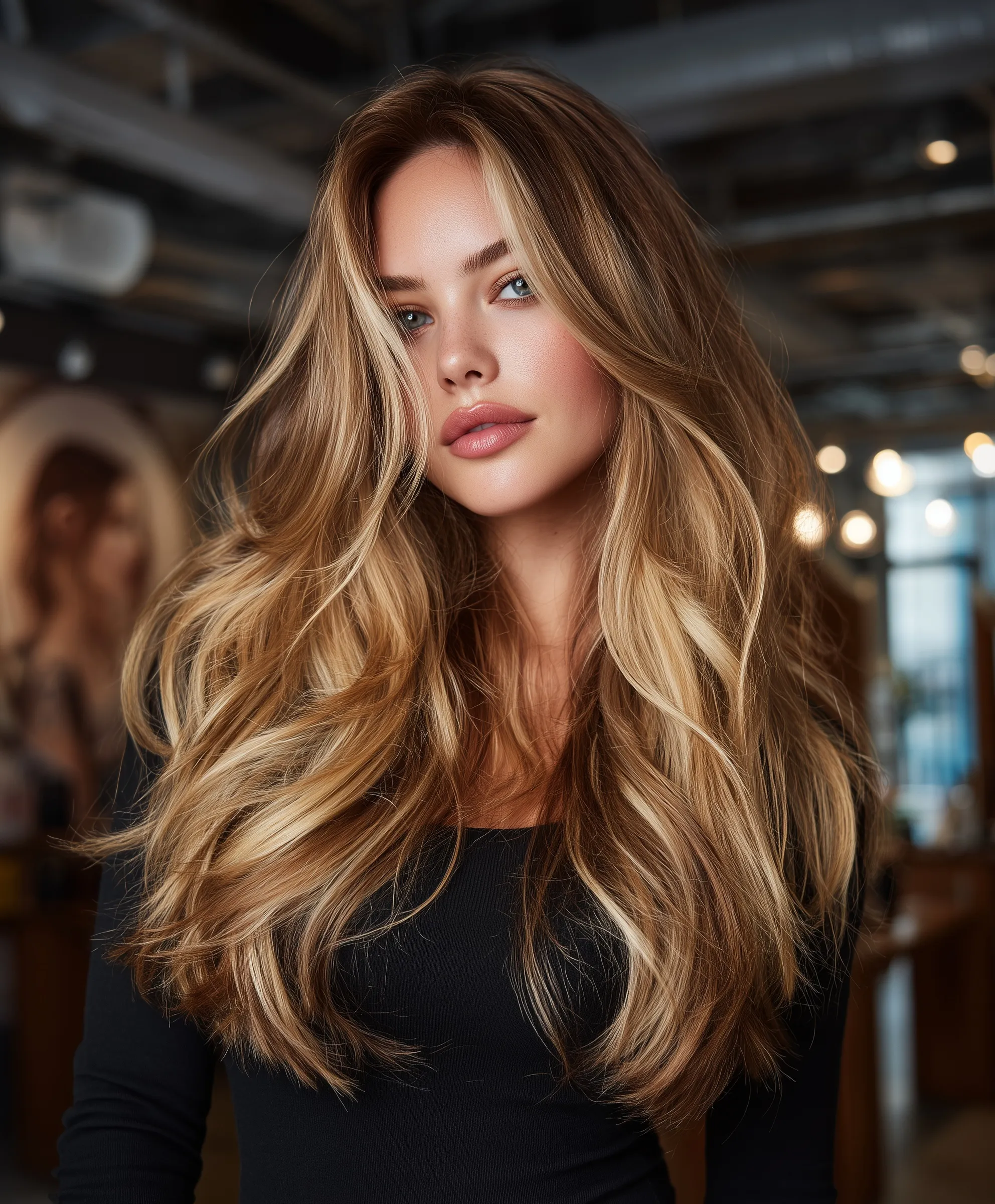 A young woman with professional balayage hair color styled in a high-end salon with natural lighting.
