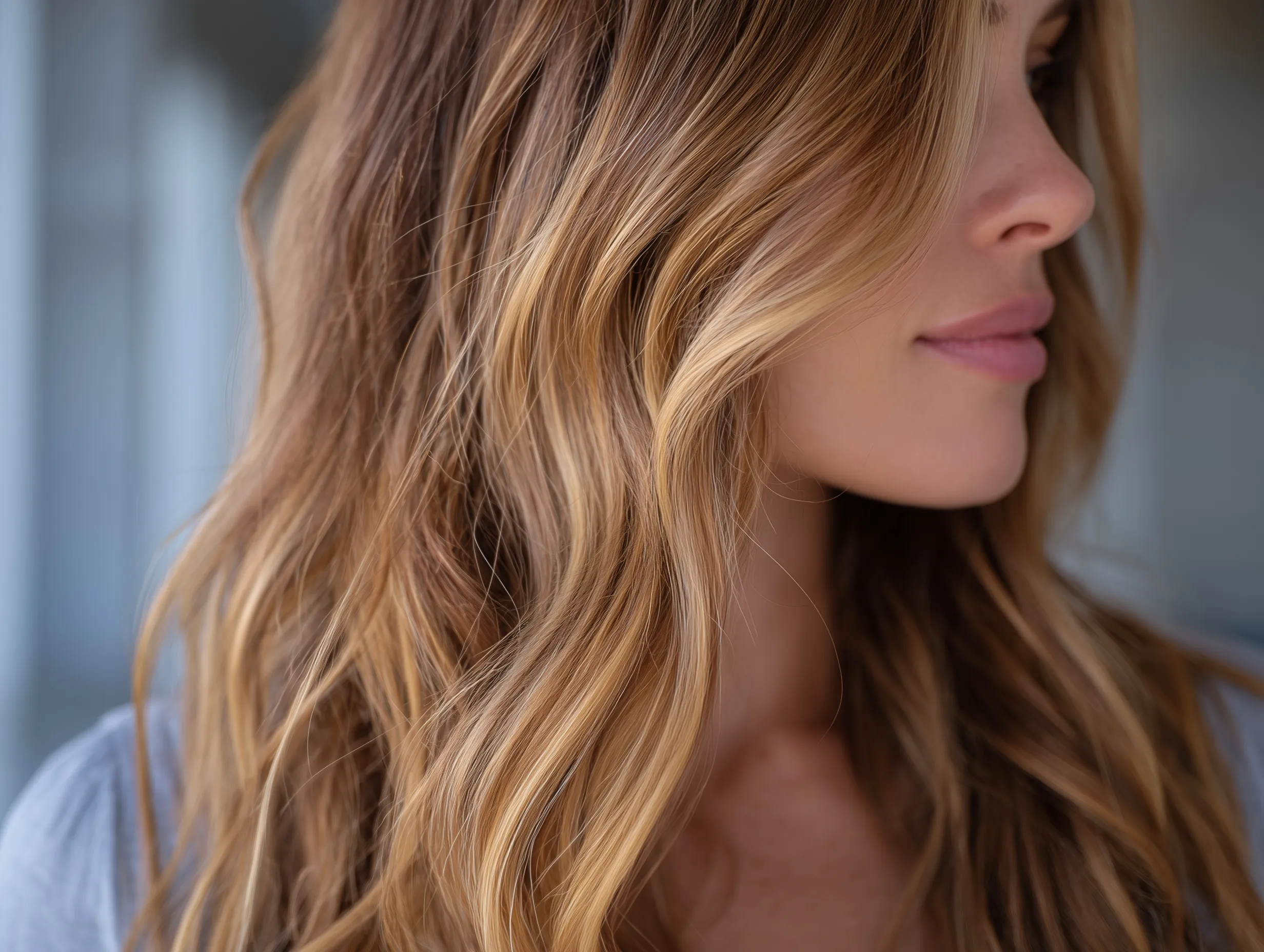 Close-up of dimensional honey-caramel balayage on medium-length wavy hair with a glossy, natural finish.