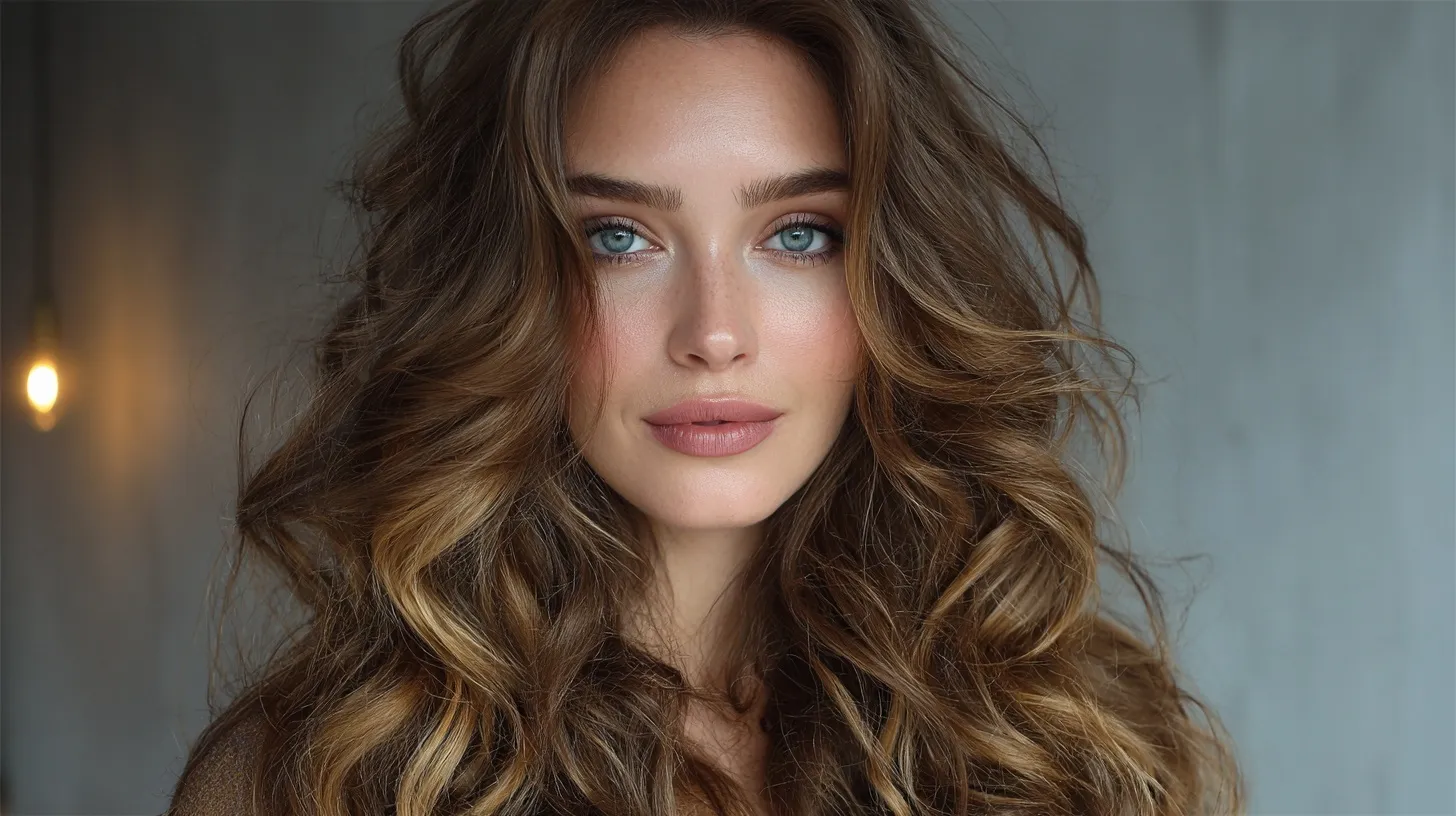 Woman with long, loose balayage beach waves and natural shine in soft evening light.
