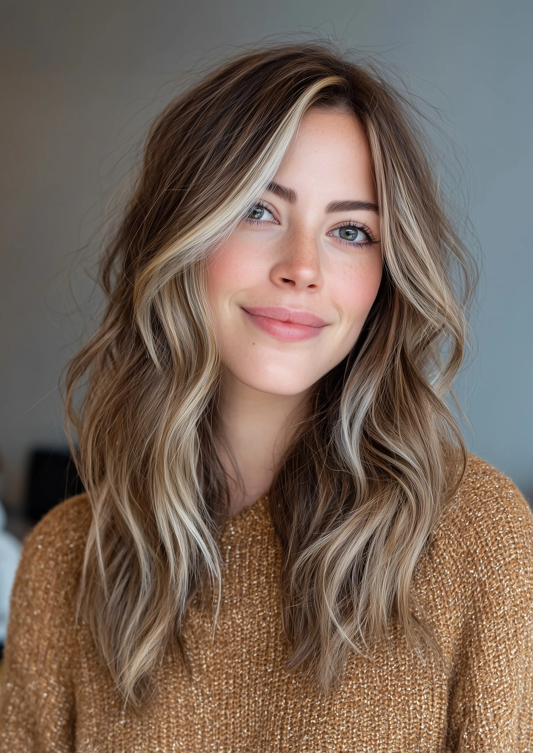 Medium brunette hair with chunky platinum blonde balayage highlights styled in a professional salon.