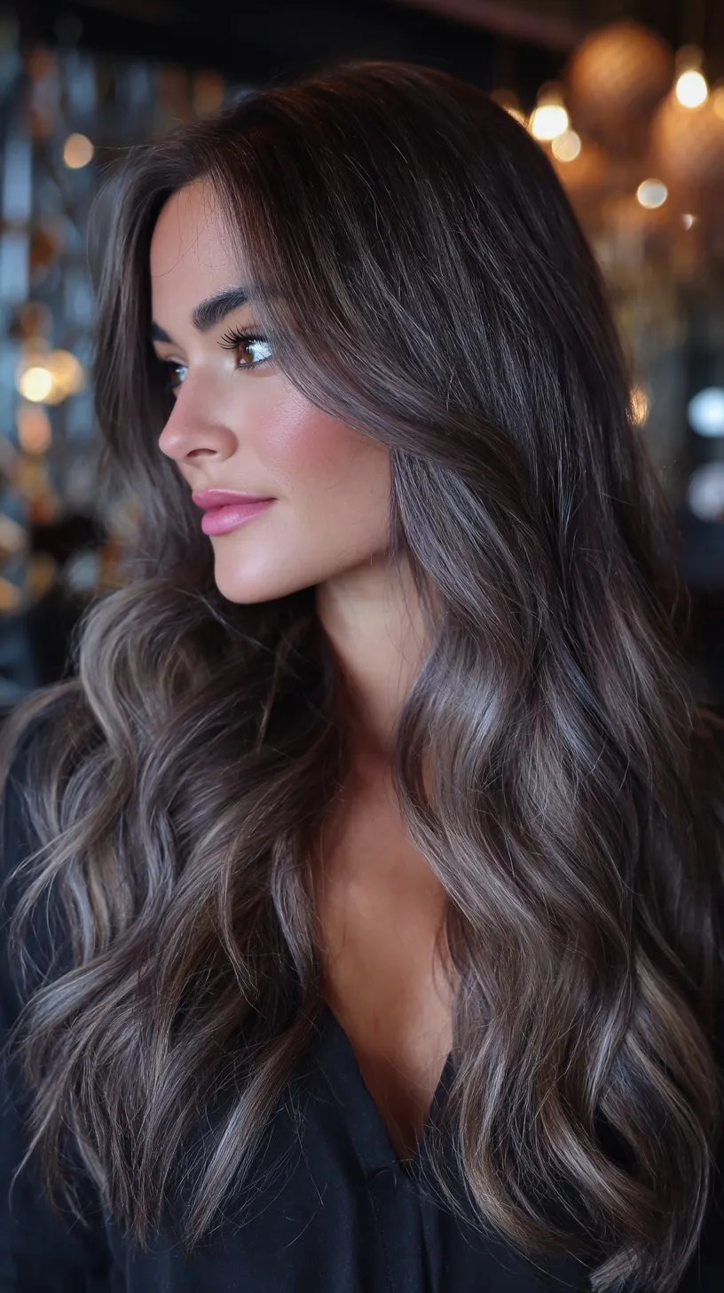 Beautiful model with long, wavy ash brown balayage hair and soft gray highlights in a modern salon setting.