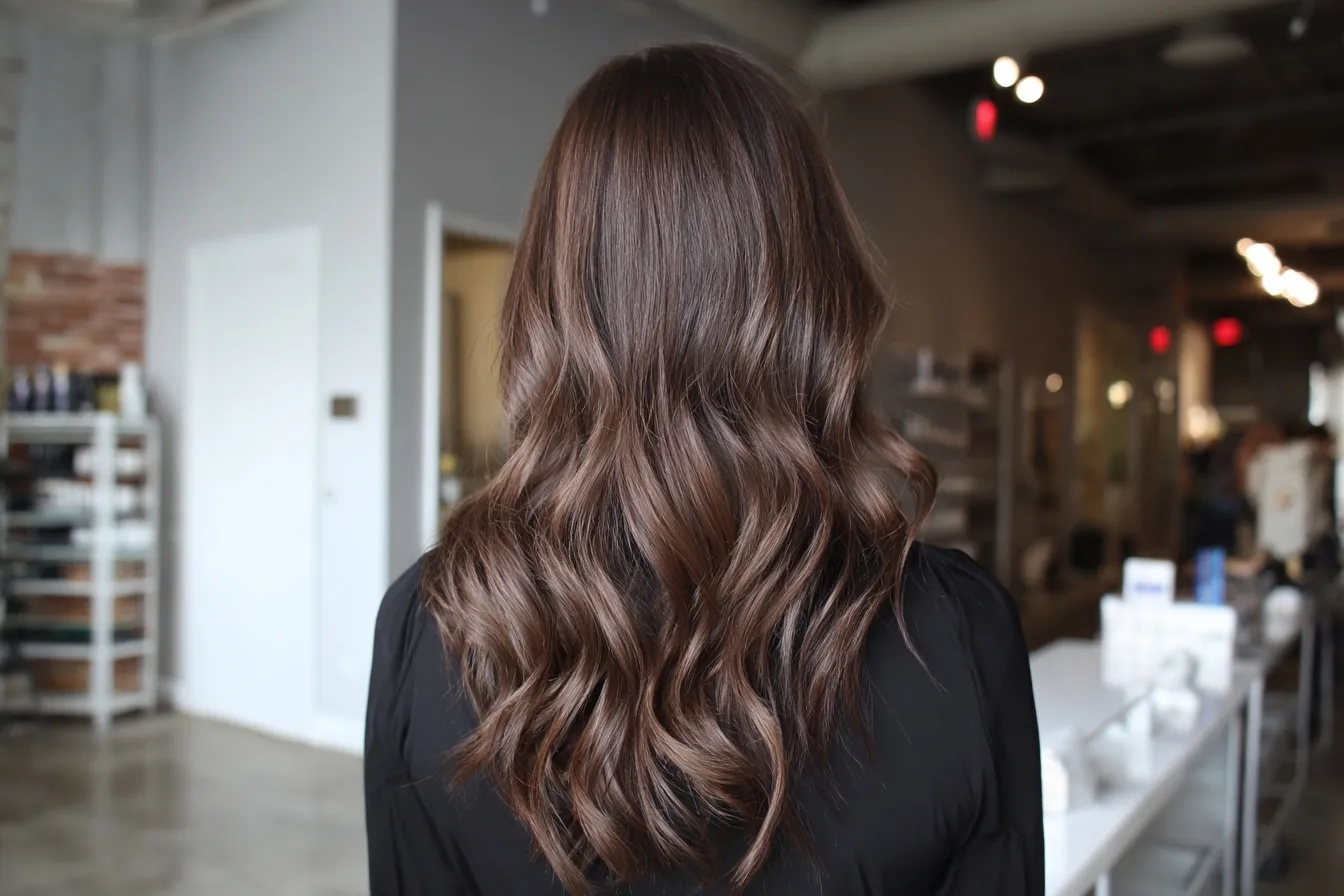Brunette hair with balayage, soft waves, and chestnut undertones on long layered hair in a salon setting.